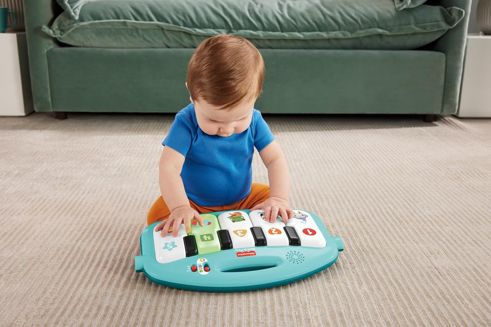 Fisher-Price Kontrast Kick & Play pătură cu pian pentru bebeluși, pătură distractivă cu pian, jucărie muzicală portabilă cu conținut de învățare Smart Stages, de la 0 luni, albastru, versiune franceză, HWY56 Jucarii Bebe Naty Shop