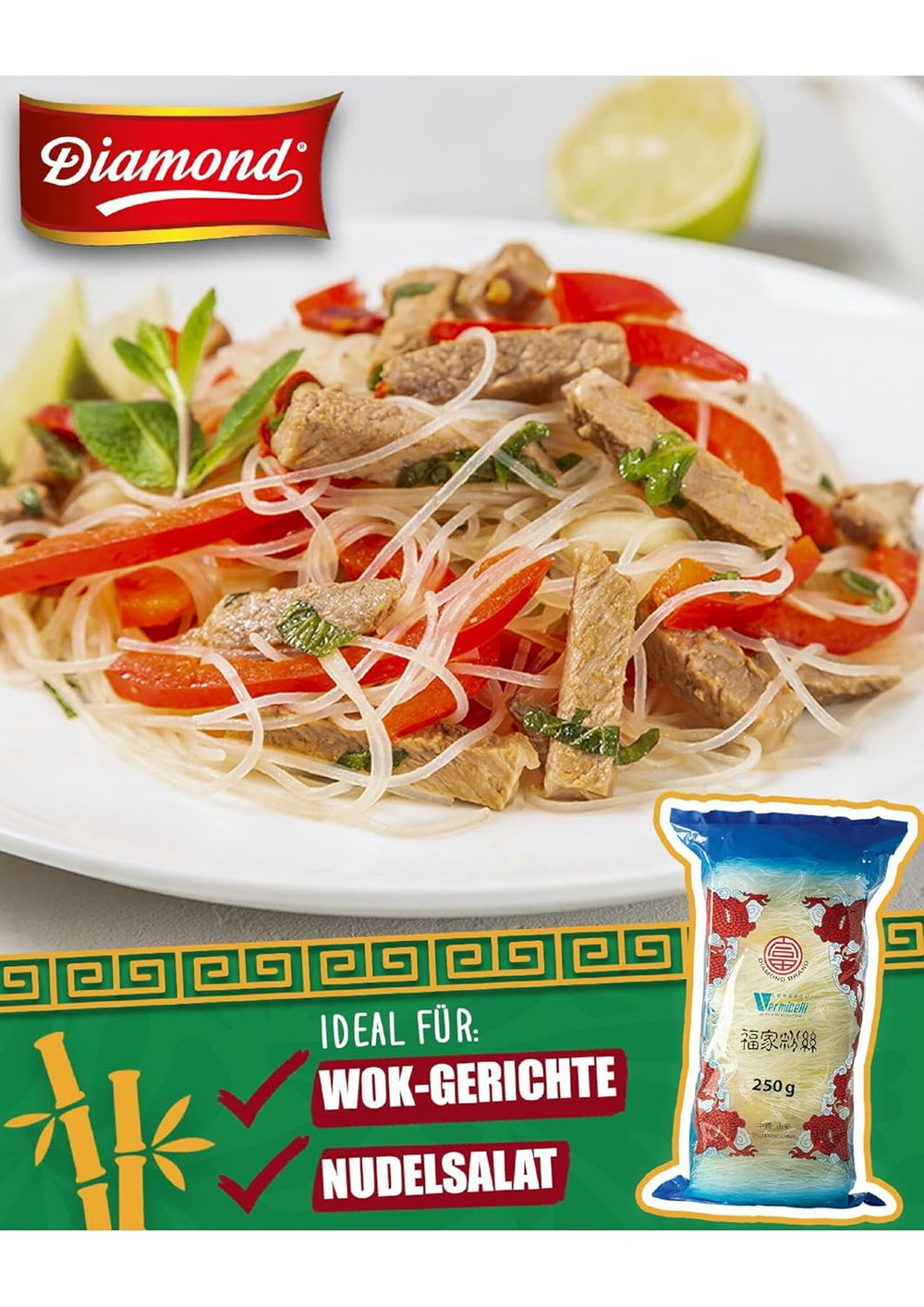 DIAMOND Glasnudeln, lange Glasnudeln, natürlich vegan und glutenfrei – 1 x 250 g