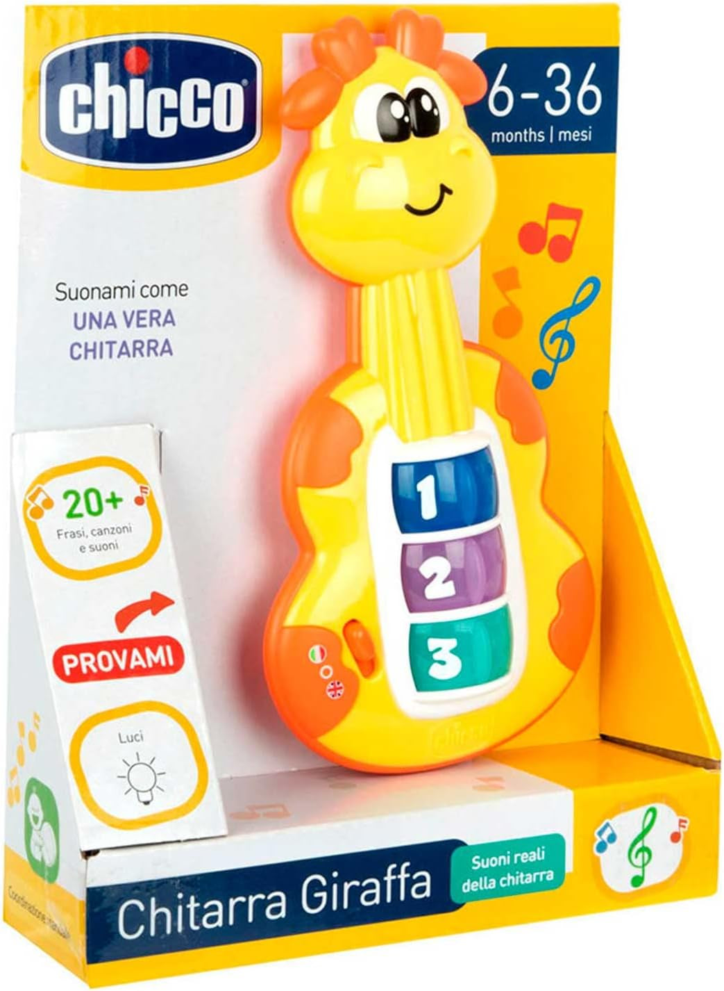 Chicco chitară girafă, zornăitor bebeluși, pian amuzant, jucărie pentru copii cu 3 taste și 12 melodii, jucărie cu muzică electronică, ideală pentru bebeluși de 6 luni, galben Jucarii Bebe Naty Shop