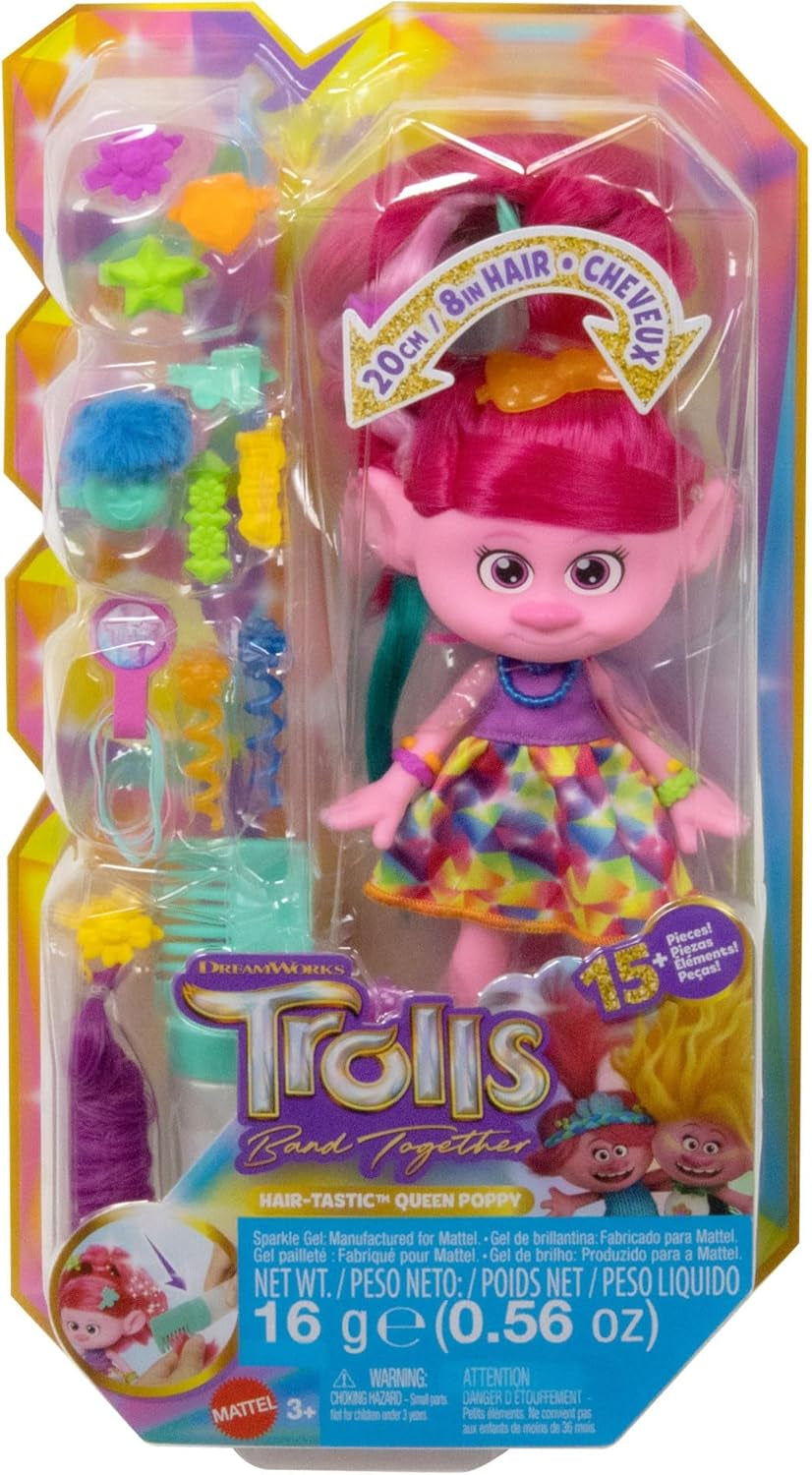 Mattel DREAMWORKS TROLLS Together Strong - păpușă de modă Hair-Tastic Queen Poppy - 15+ accesorii, pieptene cu sclipici, gel cu sclipici lavabil, pentru copii cu vârsta peste 3 ani, HNF25 Papusi Naty Shop