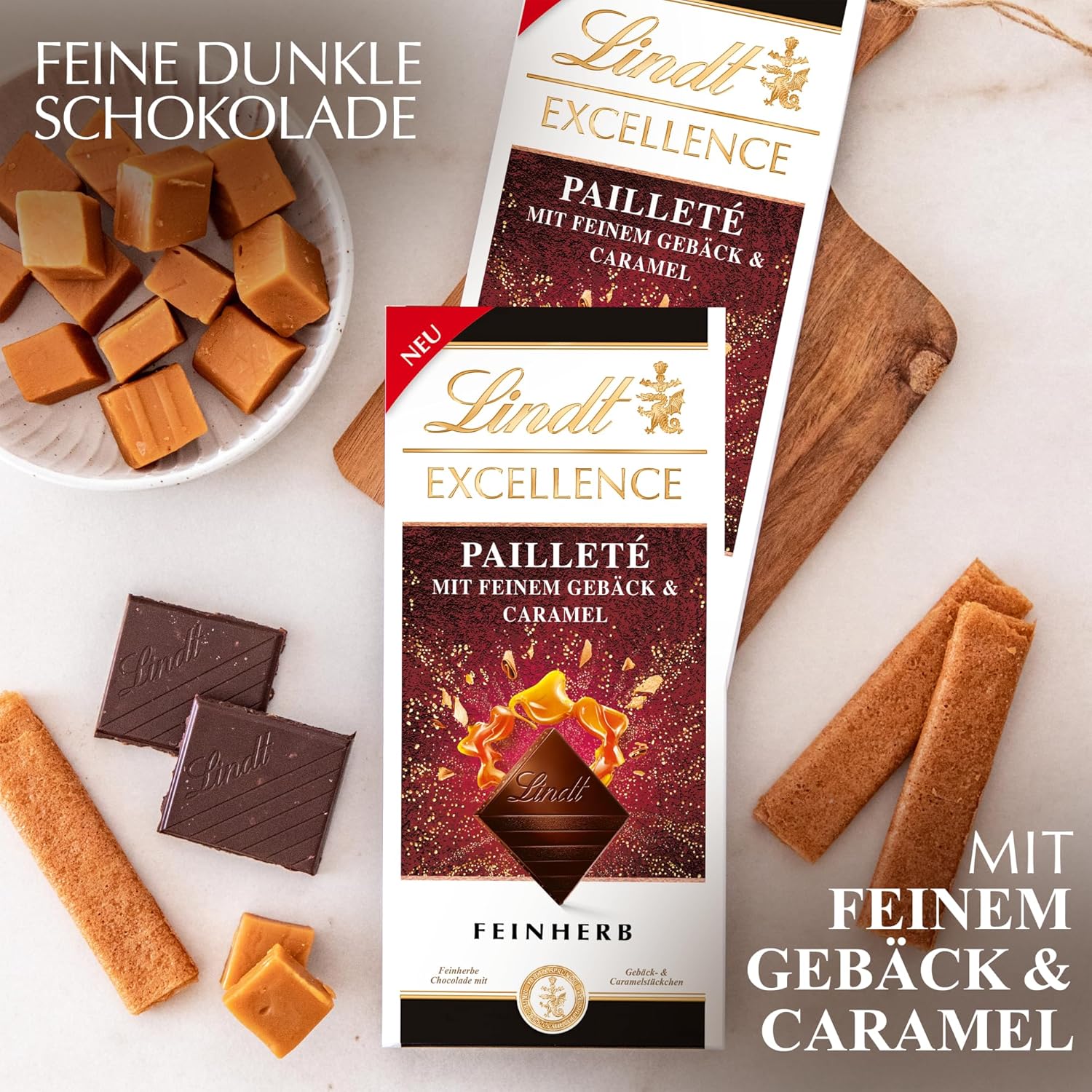 Lindt EXCELLENCE Teigstücke mit Pailletten und Karamell – Feine dunkle Schokolade mit intensivem Kakaogeschmack