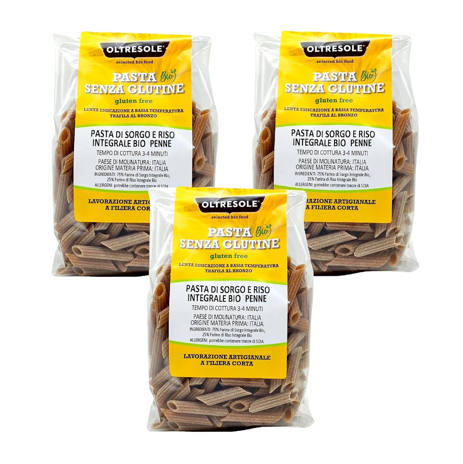 - Italienische Bio-Sorghum- und Reisnudeln, glutenfrei, Penne-Form - Glutenfreie Nudeln aus Vollkornmehl aus italienischem Bio-Anbau, vegan, Packung mit 3 Packungen x 350 g