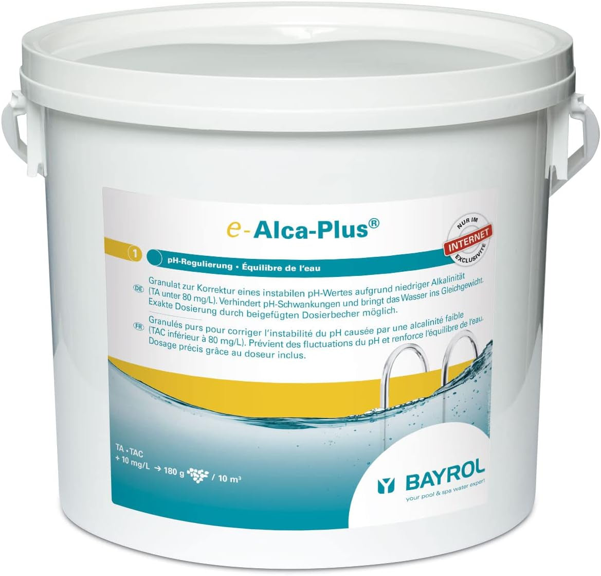 BAYROL e-Alca-Plus – Granulat zur Korrektur instabiler pH-Werte aufgrund niedriger Alkalität – Eimer inklusive Messbecher und Plastikbeutel mit Sicherheitsverschluss – 5 kg