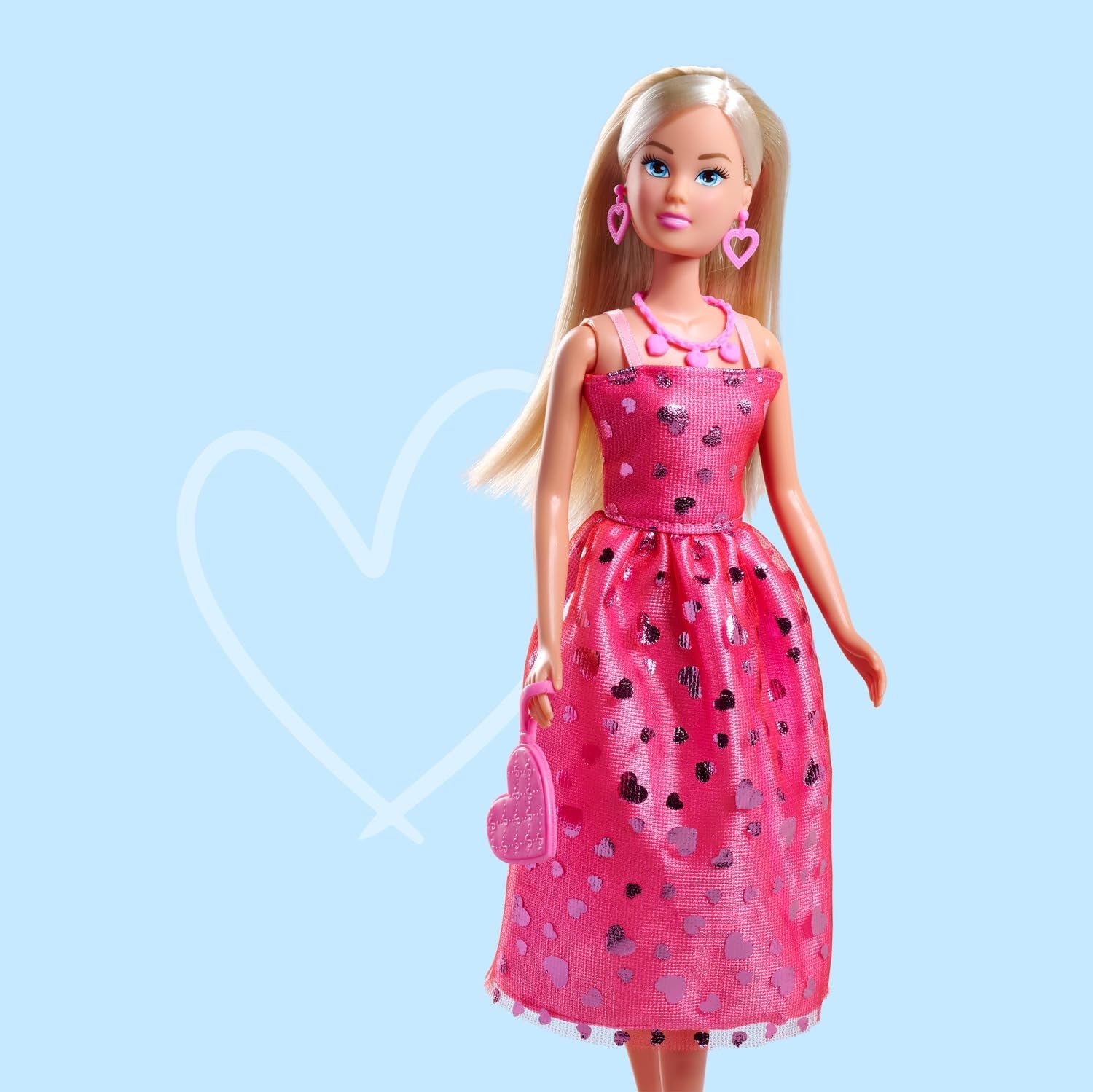 Simba Steffi Love Pink Love – Ankleidepuppe im pinken Glitzerkleid, inkl. Zubehör in Herzform, 29 cm groß, Modepuppe für kreatives Rollenspiel, für Kinder ab 3 Jahren