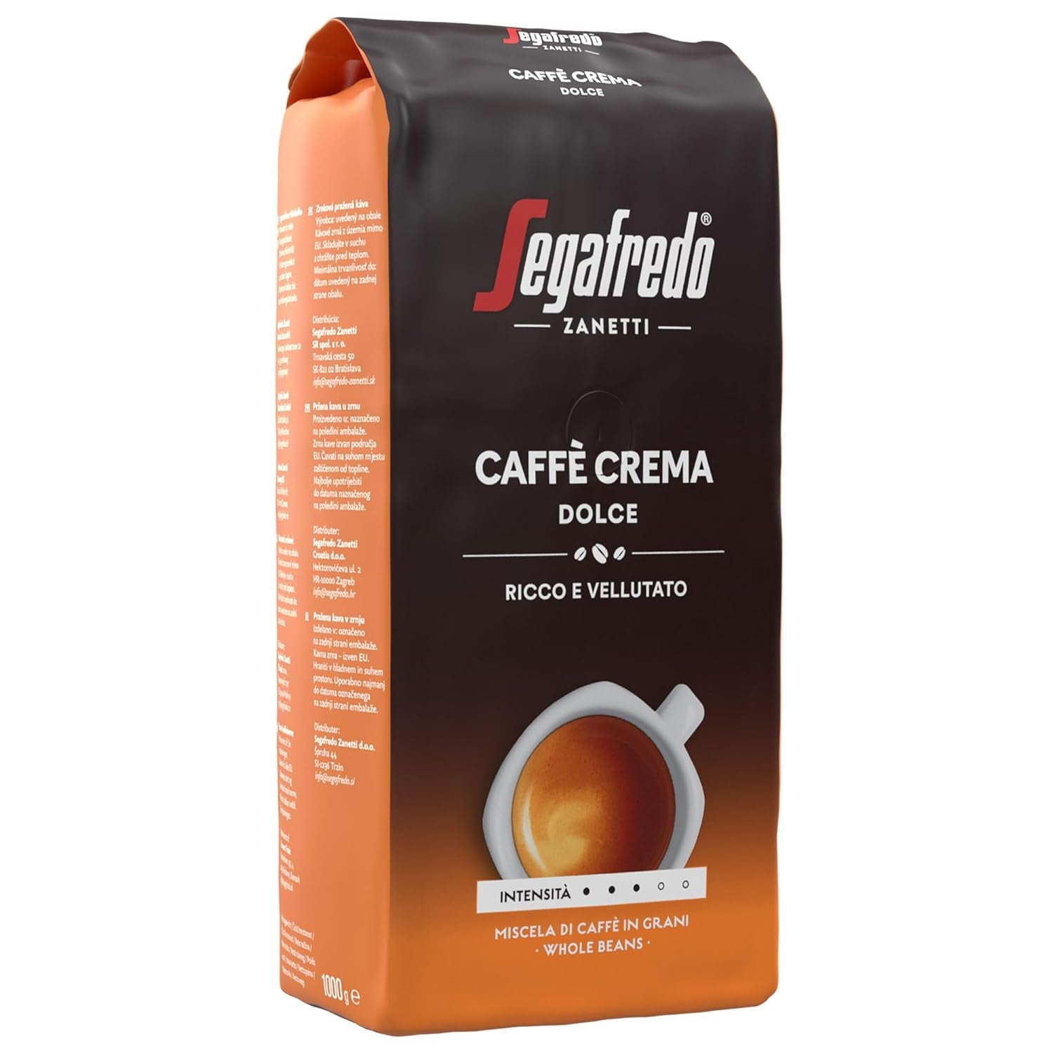 Segafredo Zanetti Caffè Crema Dolce - Boabe întregi (pachet de 1 kg) - Potrivit pentru Caffè Crema - Boabe de cafea prăjite ușor spre mediu, cu gust blând și echilibrat (pachet de 2)