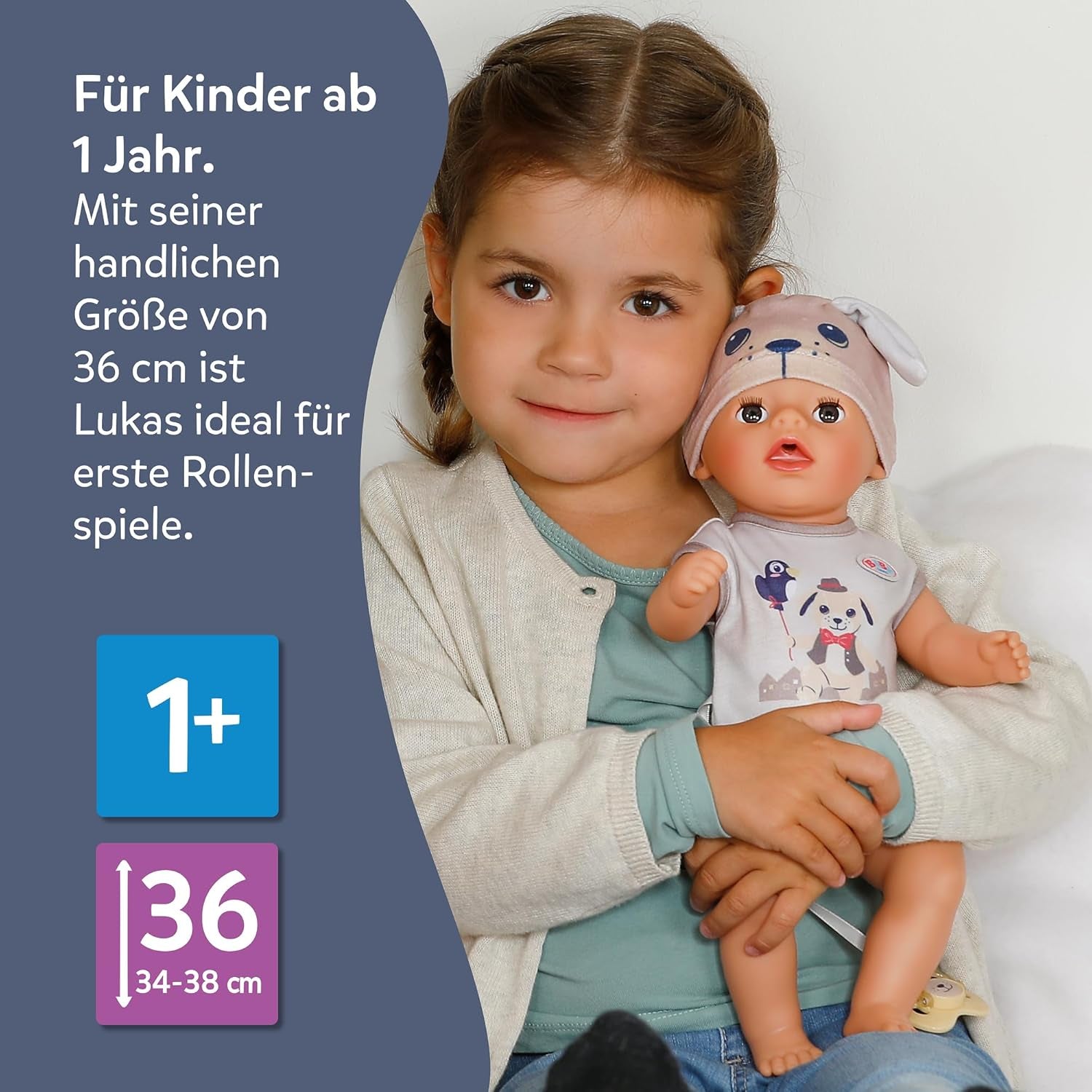 BABY Born Lukas in Strampler mit Hundemotiv, 36 cm große Puppe mit 7 Funktionen für Kinder ab 1 Jahr