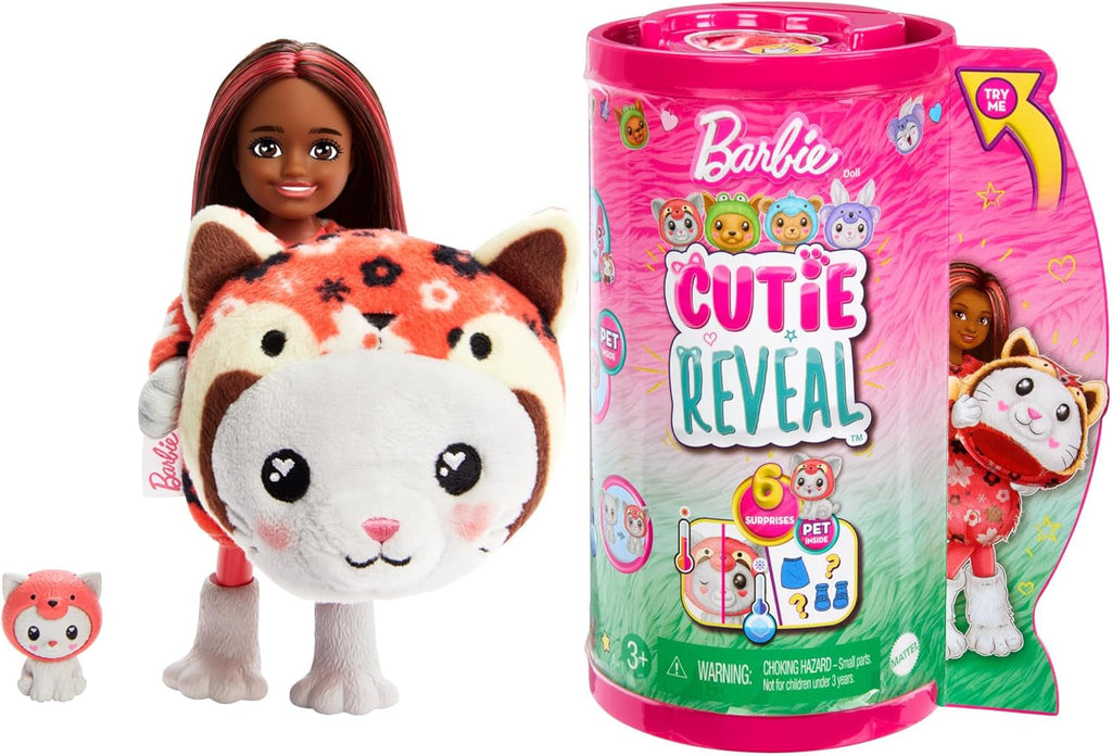 BARBIE Cutie Reveal Doll - păpușă Chelsea cu 6 surprize și distracție cu schimbarea culorilor, iepuraș în costum de pluș Koala, jachetă din fleece cu model la modă, pentru copii de la 3 ani, HRK31 Papusi Naty Shop Pisoi / Panda roșu