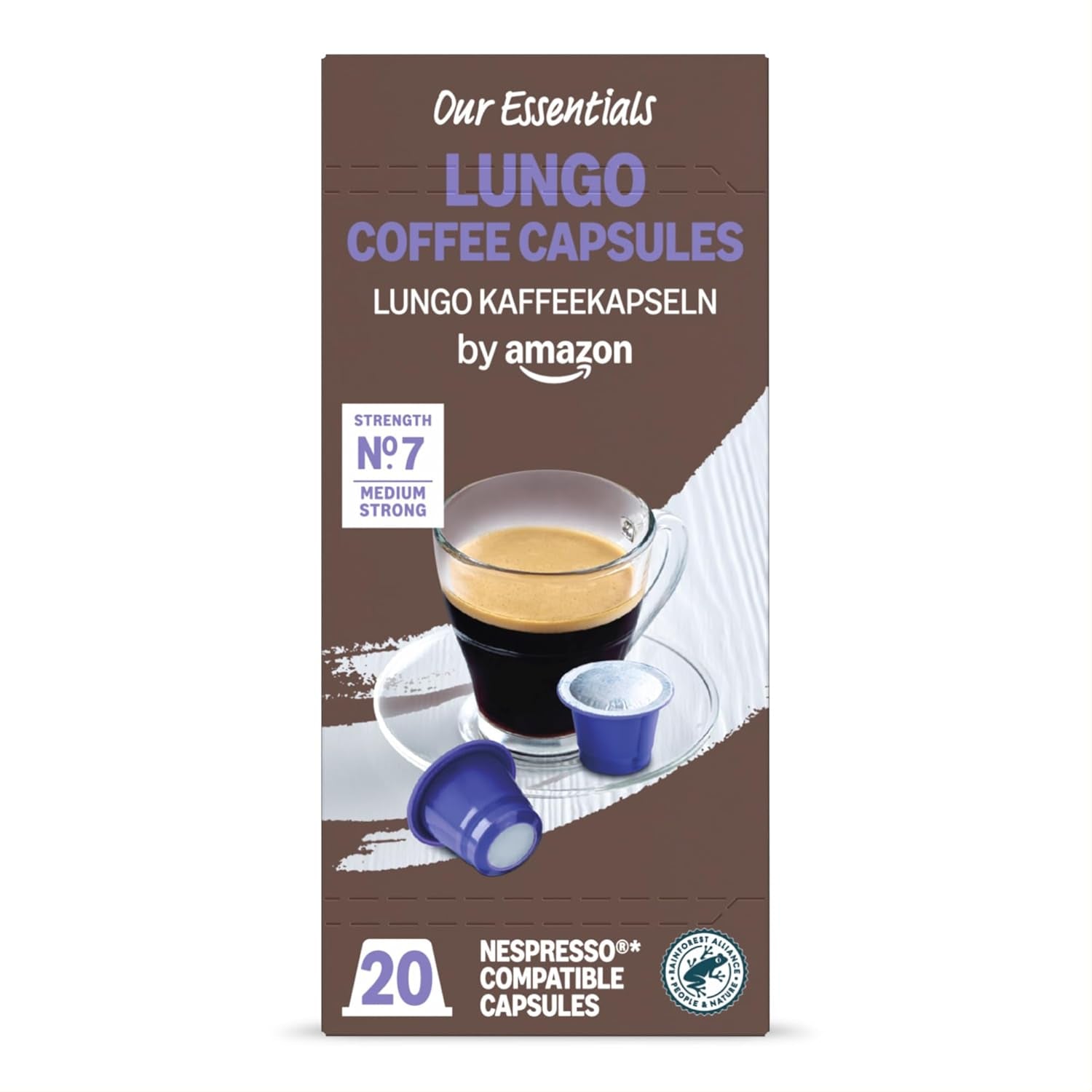 by Amazon Lungo Kaffee-Kunststoffkapseln, Nespresso-kompatibel, 20 Stück, Packung mit 1 – Rainforest Alliance-zertifiziert
