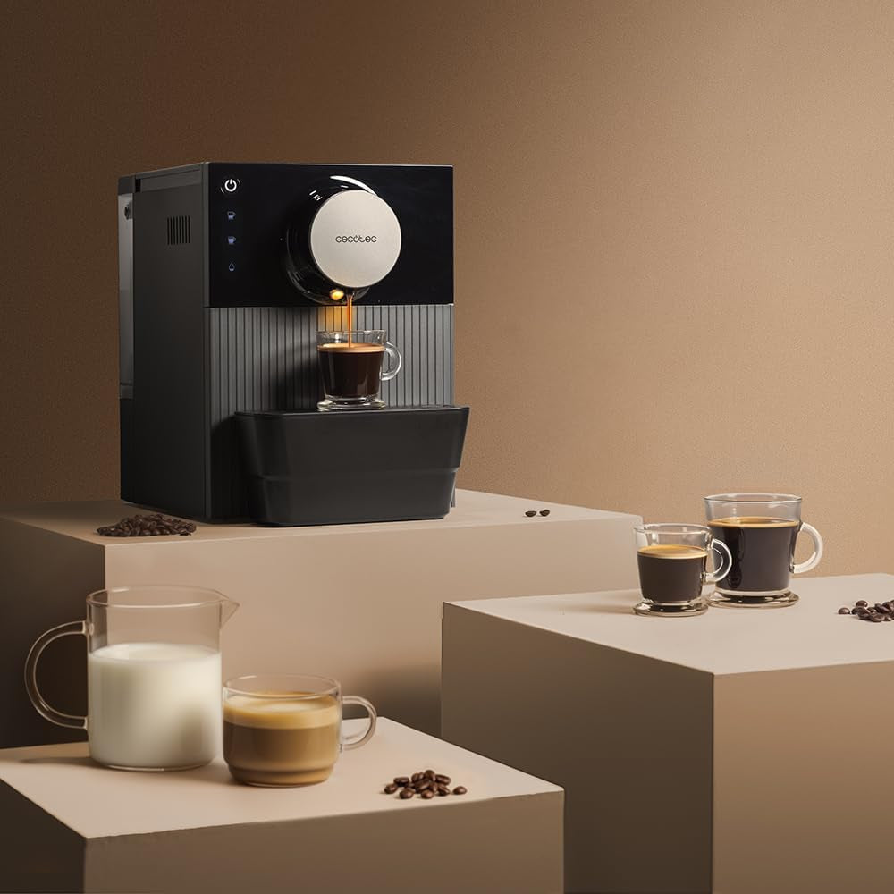 Espressor compact Cecotec Cremmaet Cube, 1350 W, sistem de presare 10 g, sistem de pre-infuzie, 19 bar, sistem thermoblock, 5 setări de măcinare, panou de control tactil