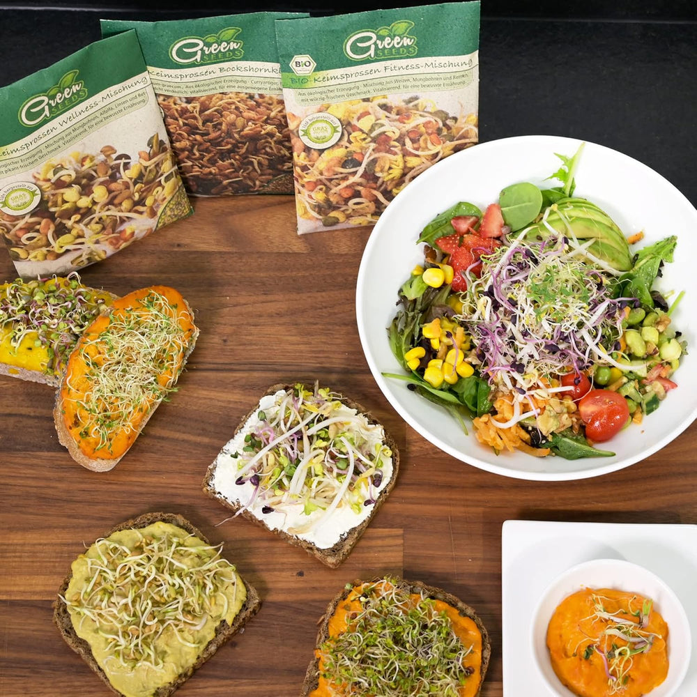 [Original Starterset mit Sprossenglas + Brunnenkressesieb | 1000 ml mit hochwertiger Edelstahl-Netzabdeckung, Ständer, Keramikschale + ABC für die Keimung. [Druckversion] Sämlingsschale mit Keimglas