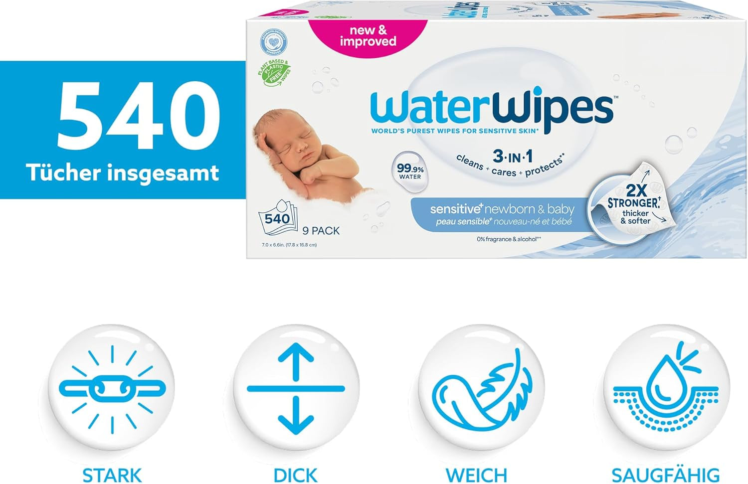WaterWipes Sensitive+ Feuchttücher für Neugeborene und Babys, 540 Stück (9 Packungen), 3-in-1 Reinigung, Pflege, Schutz, 99,9 % Wasser, parfümfrei