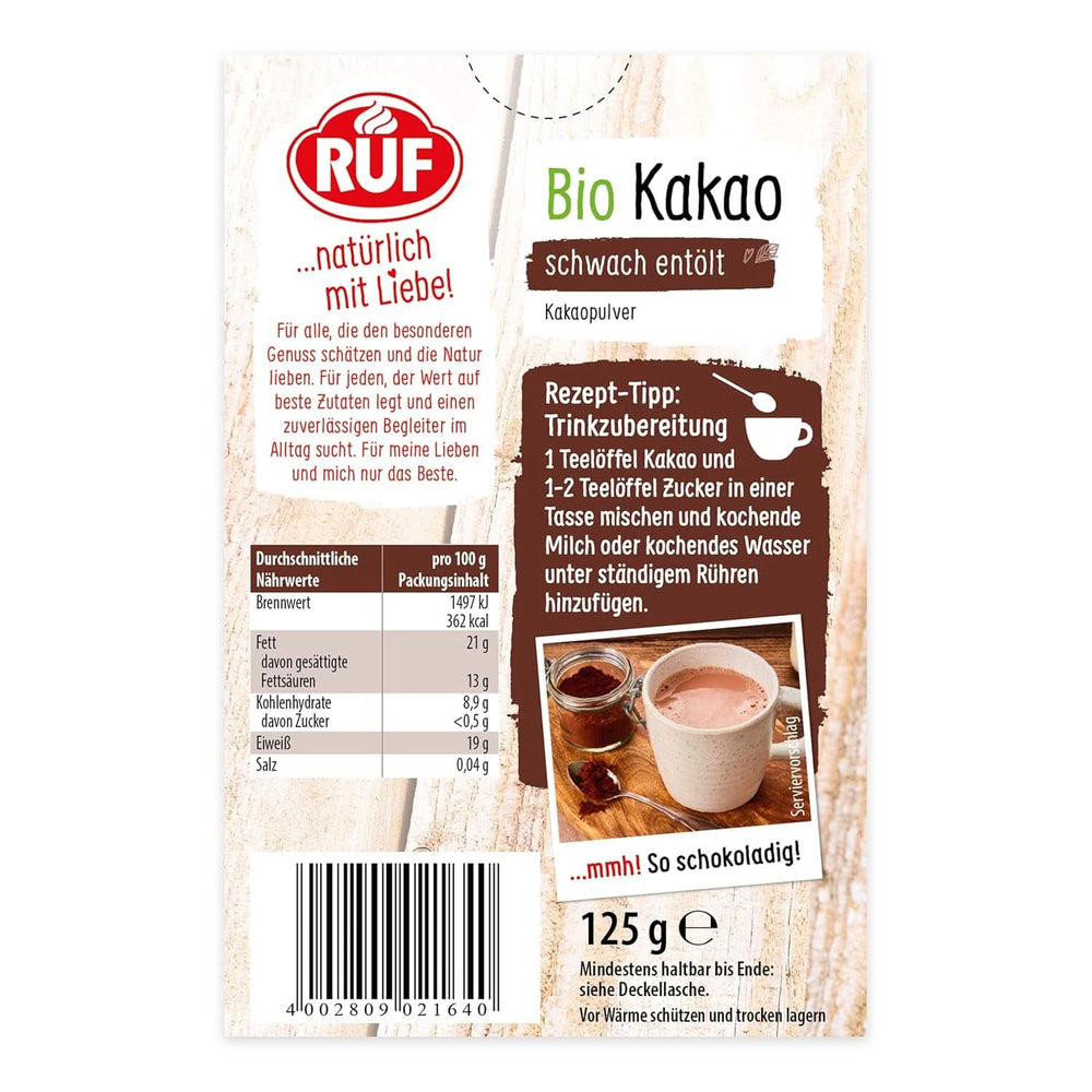 RUF Kakaopulver in Bio-Qualität, 125 Gramm Kakao und heiße Schokolade Naty Shop
