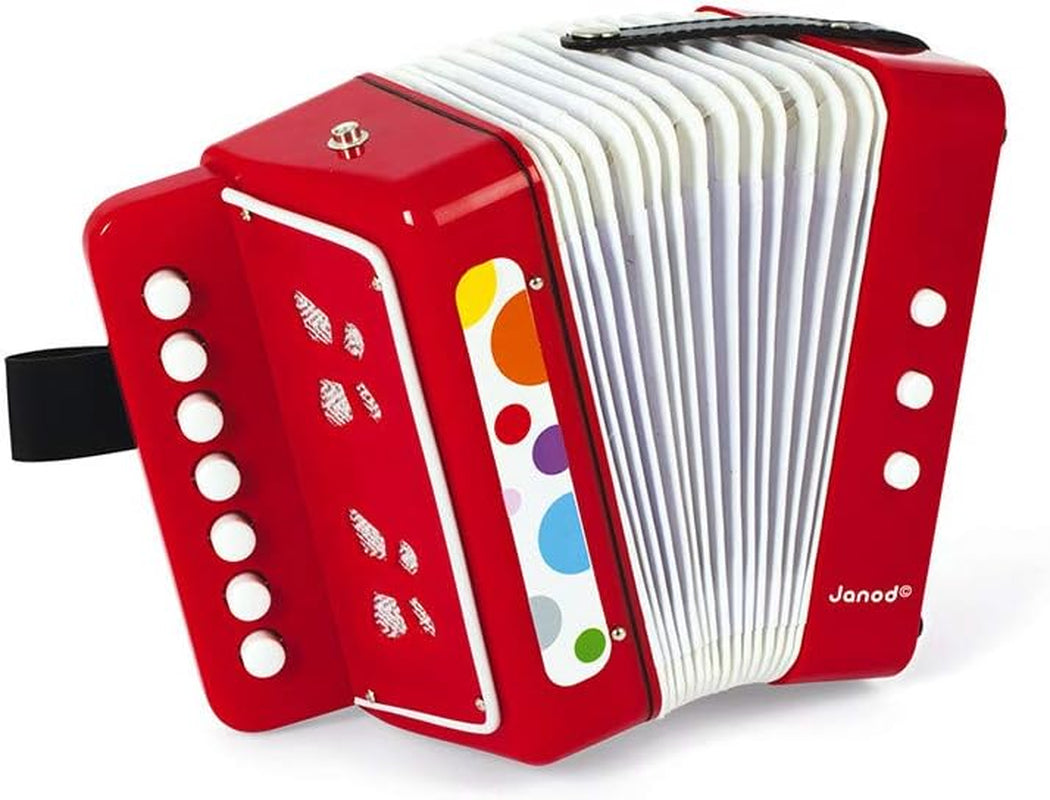 Janod - Acordeon Confetti, instrument muzical pentru copii, replică de jucărie și jucărie pentru percepție muzicală, curea de prindere, roșu, de la 3 ani, J07620 Jucarii Bebe Naty Shop Titlu implicit