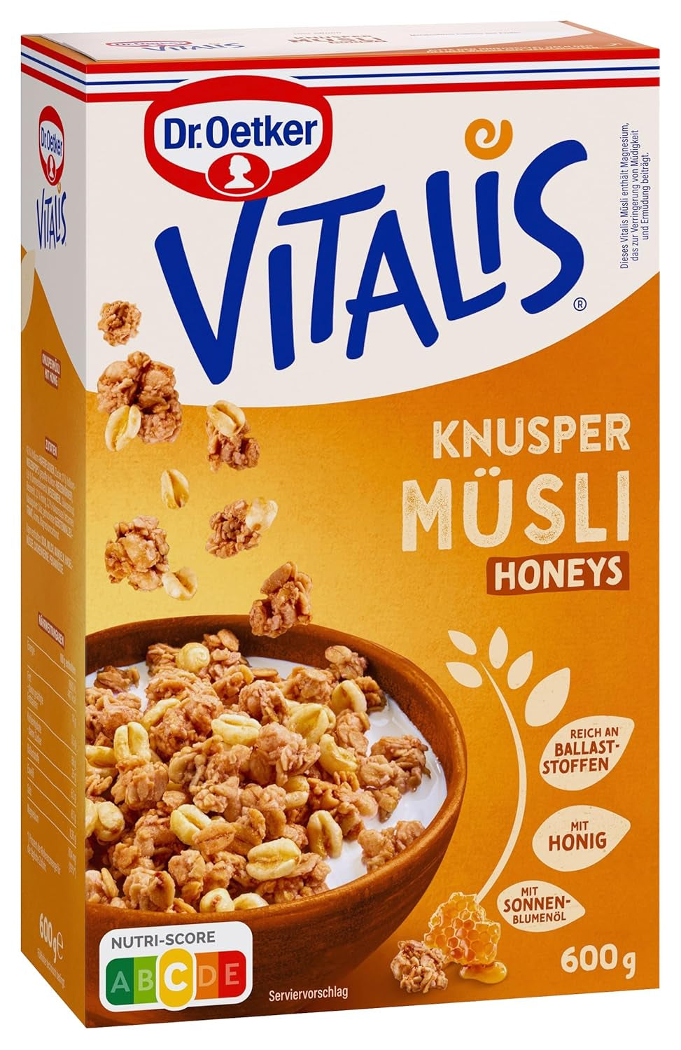Dr. Oetker Vitalis Crunchy Honeys: Honig-Knuspermüsli für Frühstück und Snacks, 5er-Pack (5 x 600 g)