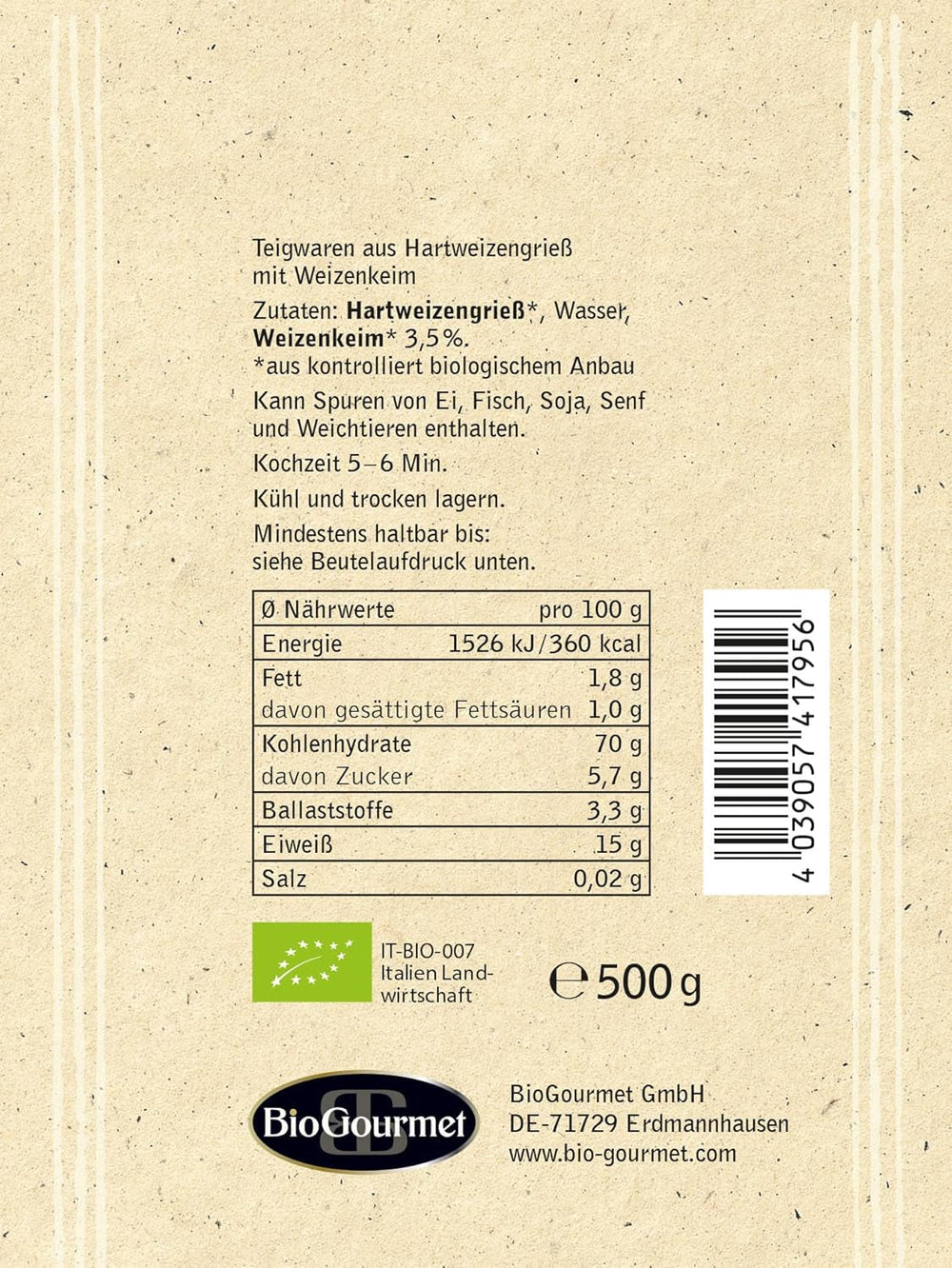 BioGourmet Pappardelle cu Germeni de Grâu – Paste Organice Late pentru Mâncăruri înăbușite și Sosuri – cu Nutrienți Extra | 500 g | Organice și Vegane