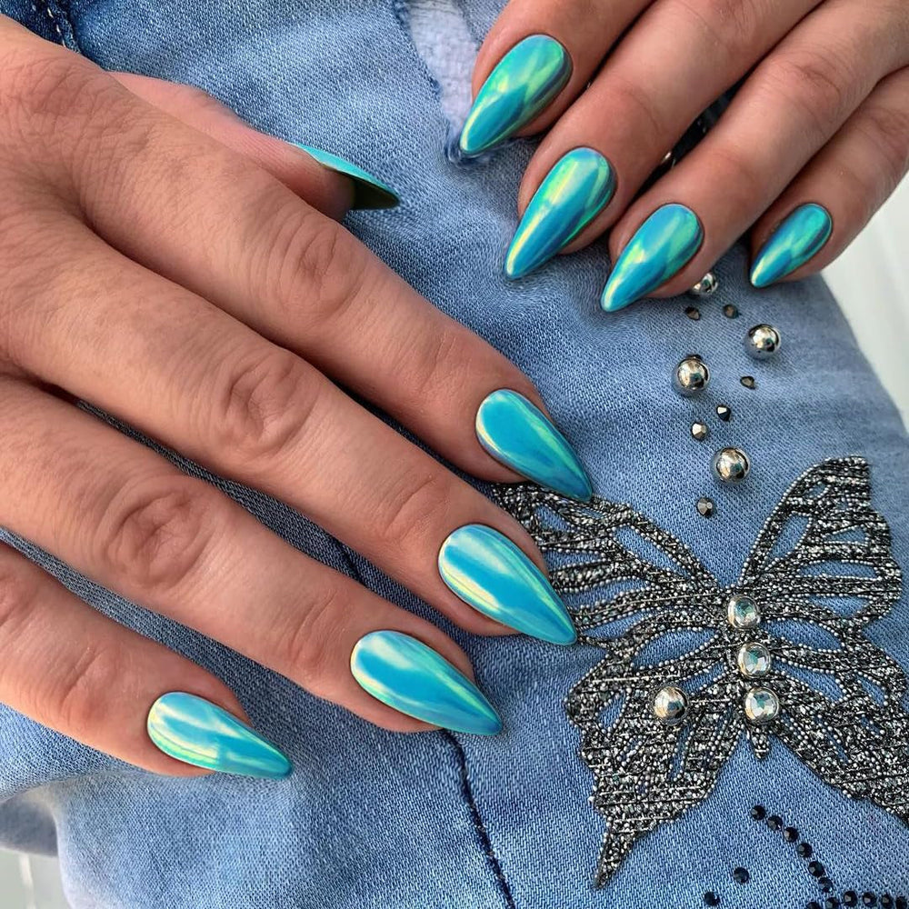 Unghii cromate autoadezive - Unghii maro cu sclipici pentru lipire, culoare migdale medii, unghii false strălucitoare, unghii artificiale pentru lipire, unghii acrilice glazurate pentru femei, 24 bucăți