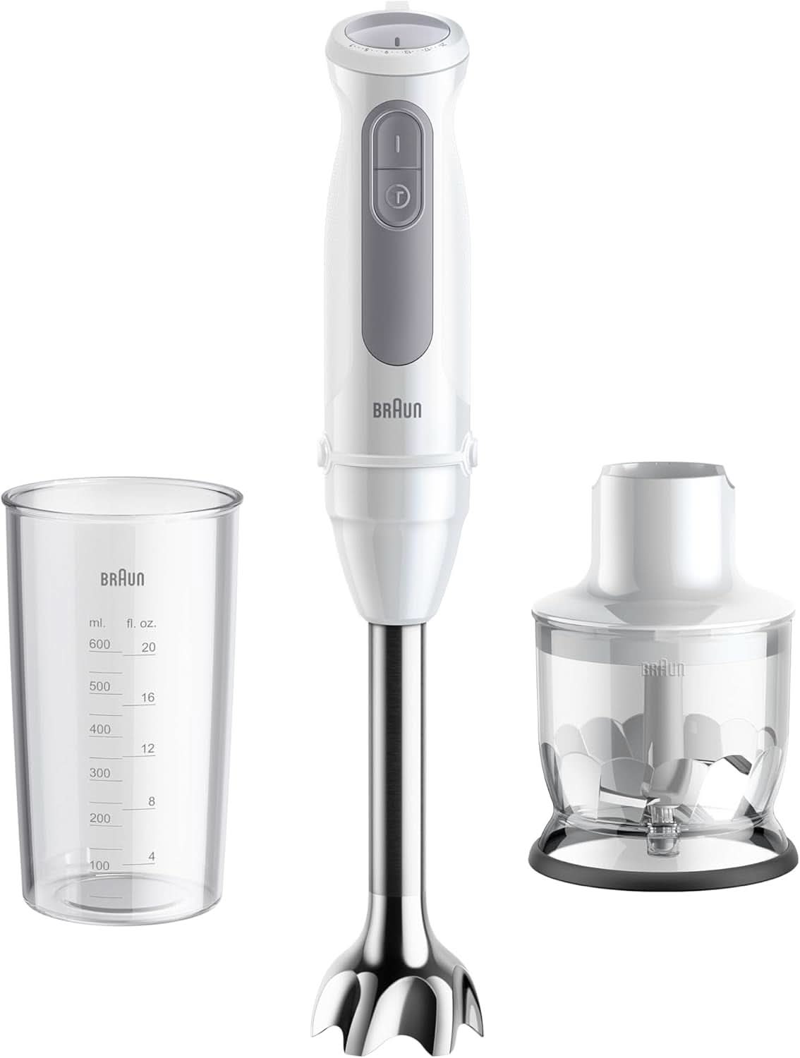 Braun Stabmixer MQ 5200WH - Multiquick 5 Vario Pürierstab Mit Edelstahl Mixfuß, 1000 Watt, Inkl. 600 Ml Mix- & Messbecher, Weiß/Grau Kitchen Naty Shop Version 2024 - Edelstahlschaft