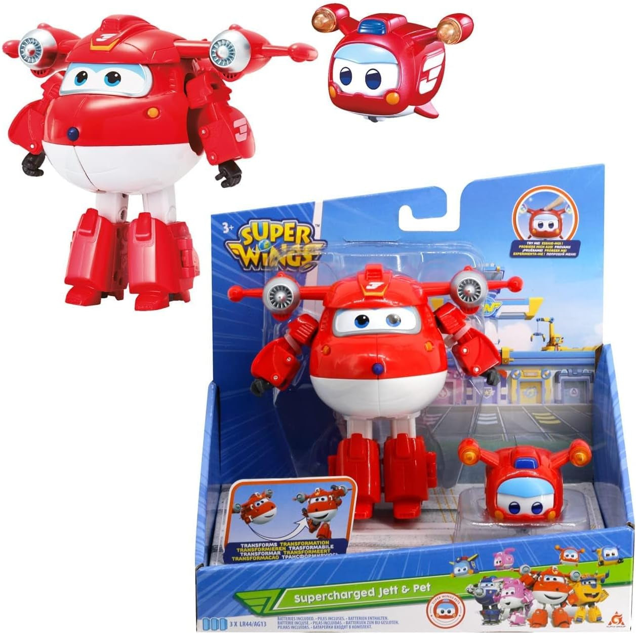 Super Wings EU770447 – Transforming Tino & Pet, verwandelnde Spielzeugfigur ca. 14,5 cm und Haustier mit einer Höhe von ca. 14,5 cm. 4,3 cm, für Kinder ab 3 Jahren. Actionfiguren Naty Shop Jett Pet
