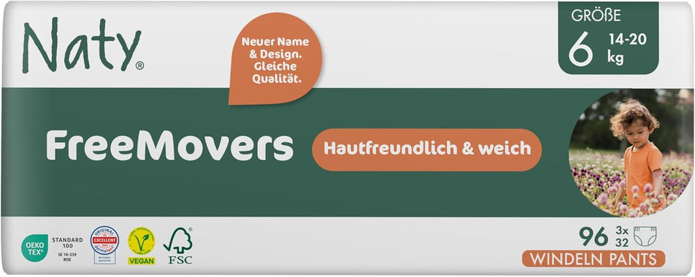 Naty FreeMovers Babywindeln | Zertifizierte hautfreundliche Windelüberhosen | Weich und parfümfrei | Saugfähig und auslaufsicher | Dermatologisch getestet Größe 5 (12–18 kg) | 80 Stück