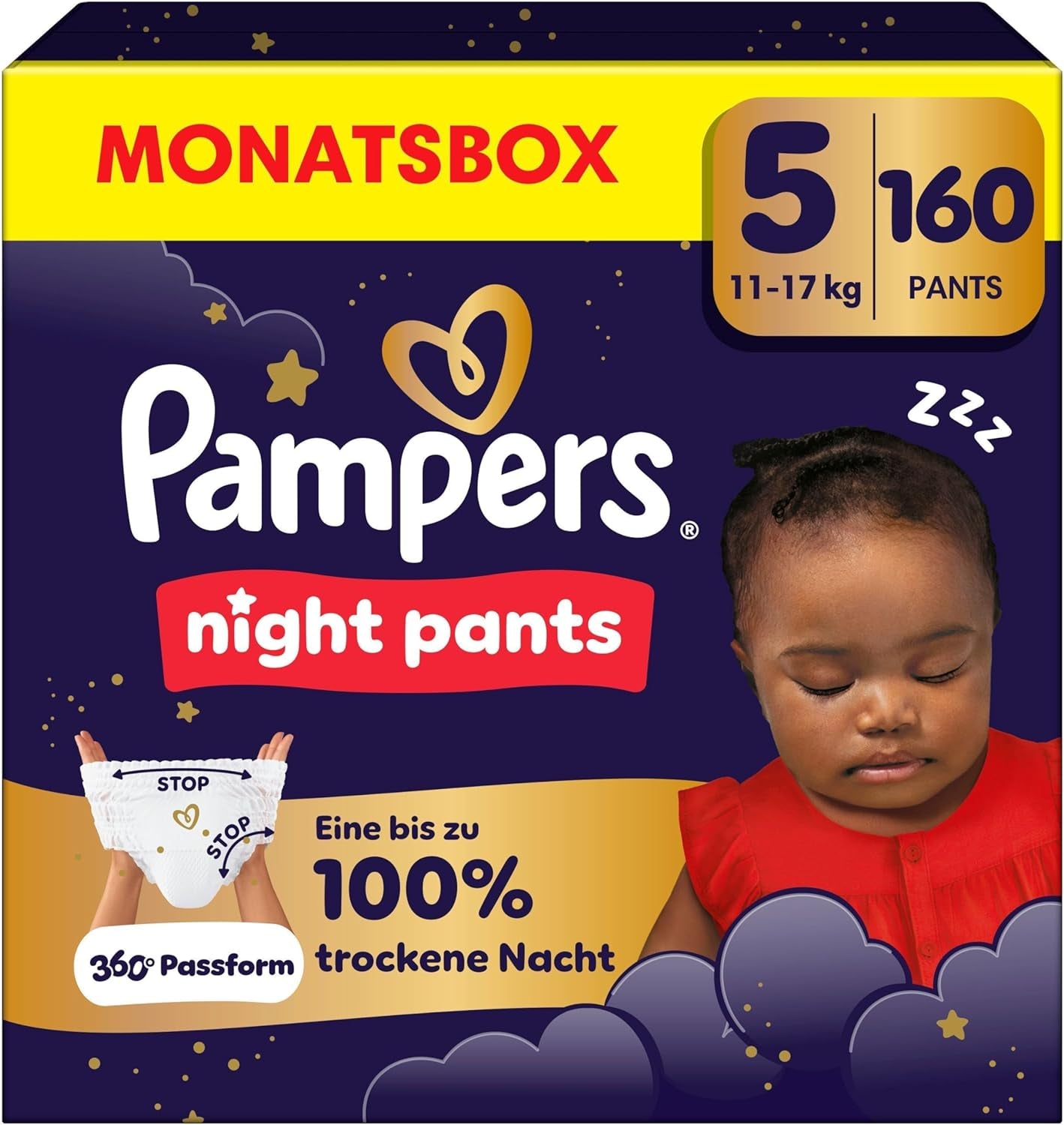 Pampers Night Pants Windeln der Größe 6, 138 Stück, 13 kg–19 kg, bieten zusätzlichen Schutz für die ganze Nacht.