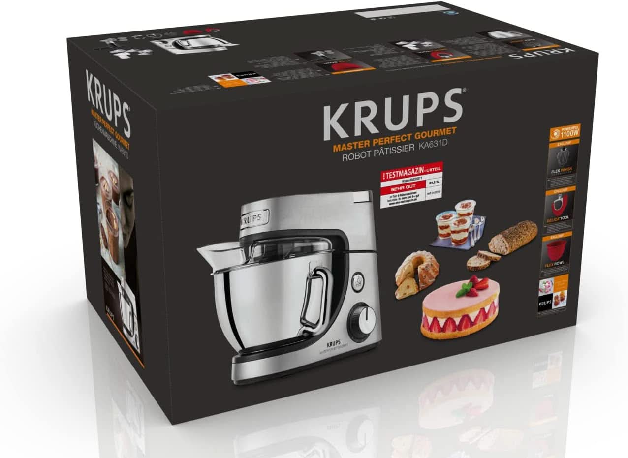 Krups KA631D Master Perfect Gourmet Küchenmaschine | 1100 Watt | 8 Geschwindigkeiten | 4,6-Liter-Edelstahlschüssel | 5 Zubehörteile: Backset, flexible Schüssel, Schneideeinheit | Mutter und Kind aus gebürstetem Edelstahl Naty Shop
