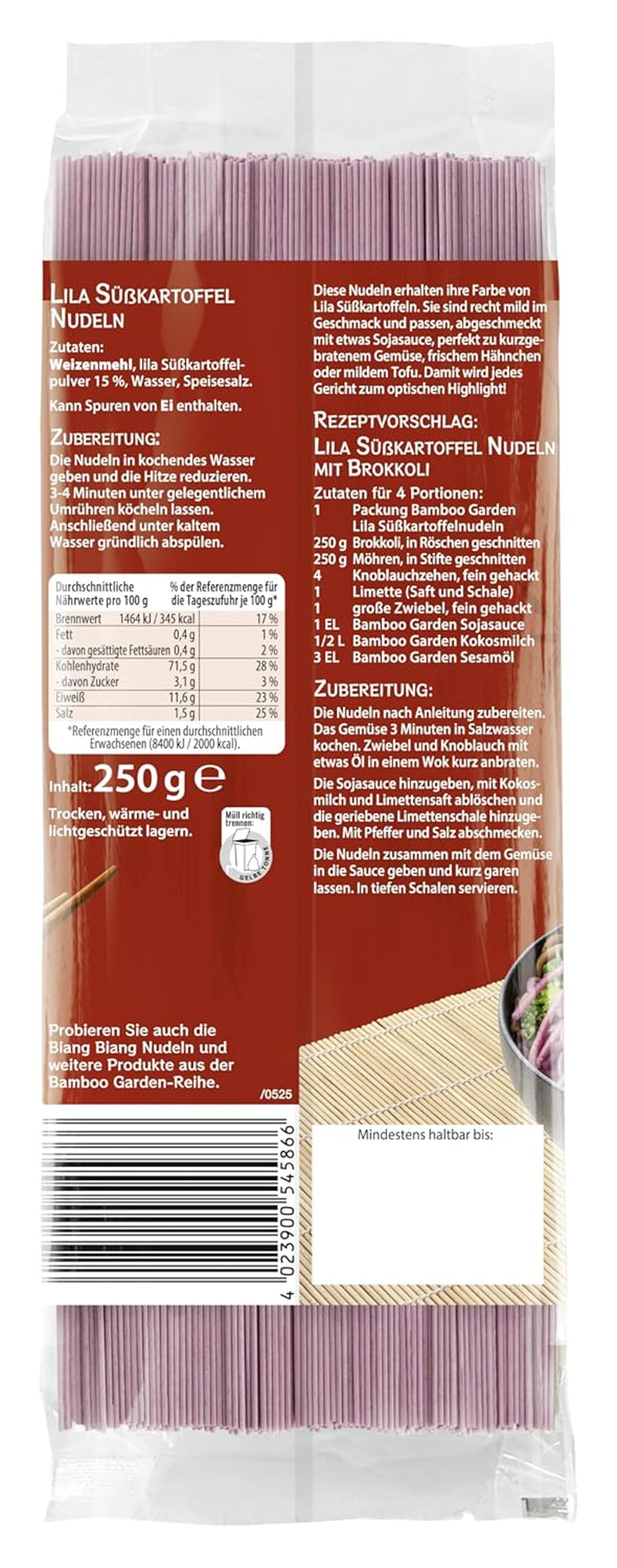 Bamboo Garden – Lila Süßkartoffelnudeln | Dünne Nudeln mit mild-nussigem Geschmack | Ideal für Bowls und Salate | Schnell zubereiteter 250-g-Beutel
