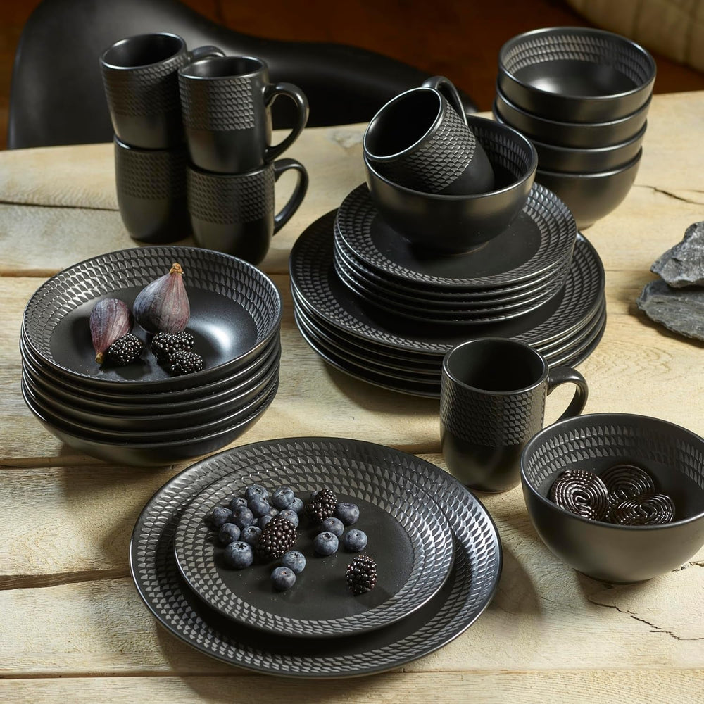 ECHTWERK 30-Teiliges Vintage Kombiservice "Blackstyle" Modern-Design, Für 6 Personen, Geschirrset Aus Steingut Mit 6 X Speiseteller, 6 X Beilagenteller, 6 X Schüssel, 6 X Teetassen, 6 X Suppenteller Tableware Sets Naty Shop