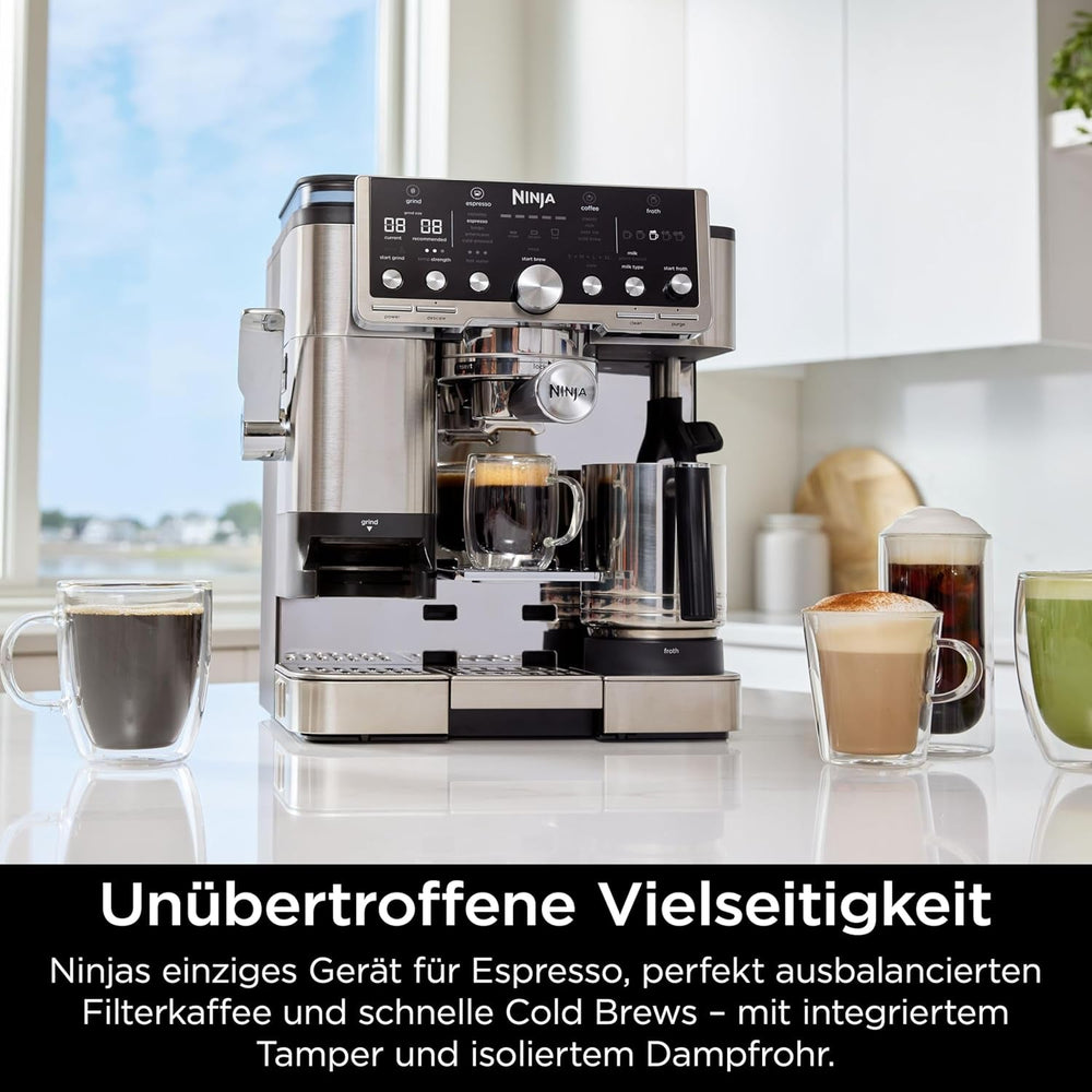 Aparat de cafea Ninja Luxe Pro 3 în 1 cu râșniță și spumator pentru latte, cappuccino, Cold Brew și espresso, ușor de utilizat, 5 presetări pentru spumator, argintiu, ES701EU