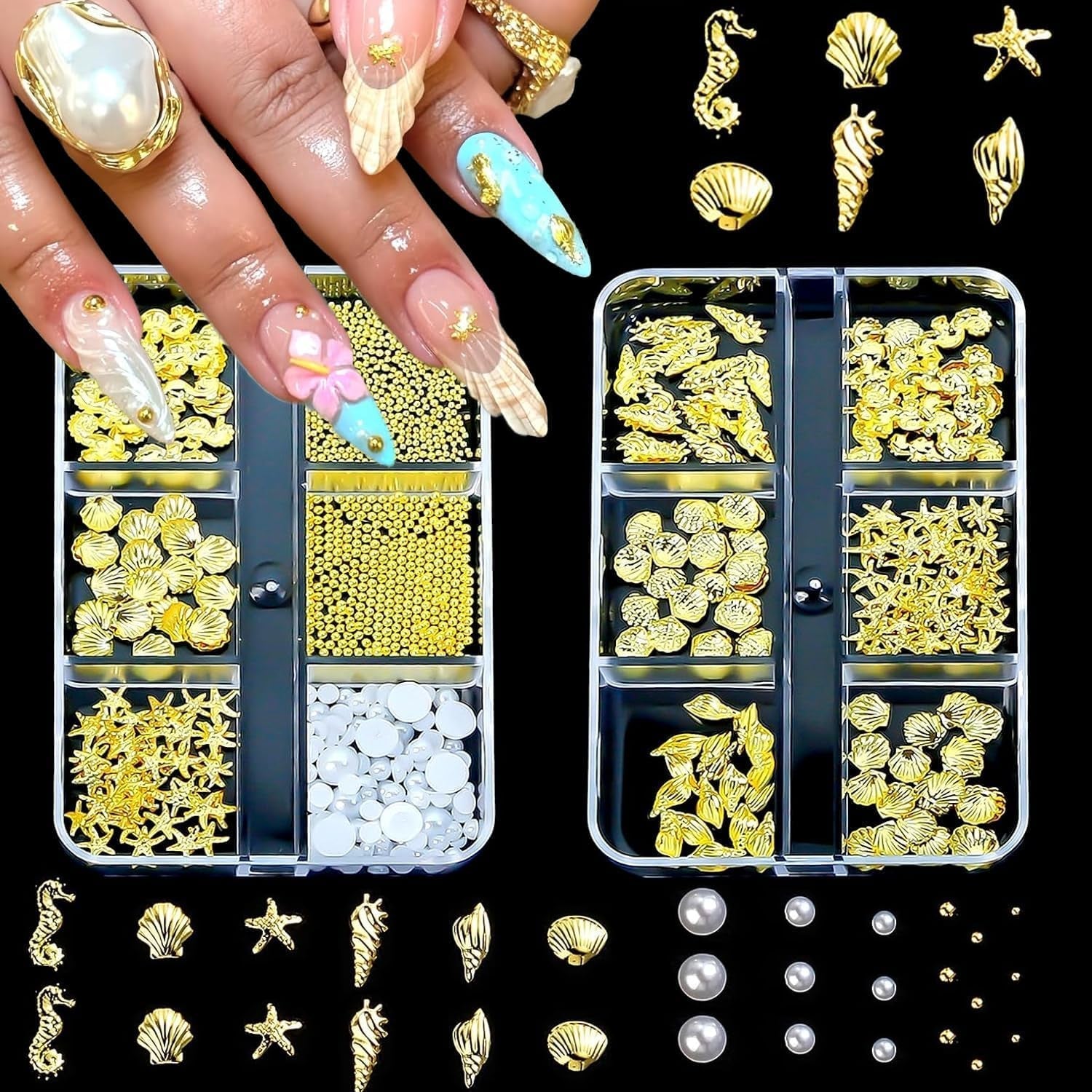 Nail Charms,6 Boxen Gold Silber Nagel Charms 3D Gold Bogen Stern Nail Art Dekoration+6200 Strasssteine Bunt Steine AB Perlen Diamanten,3D Legierung Bow Nail Gems Nagel Deko Für Frauen Nagel (6-A)