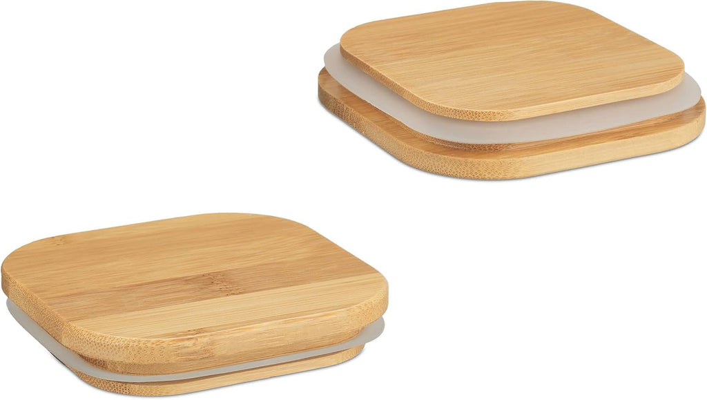 Borcane de depozitare Relaxdays cu capace din bambus, set de 3, borcane pătrate din sticlă, 900 ml, etanșe, transparente/naturale Cutii depozitare alimente Naty Shop