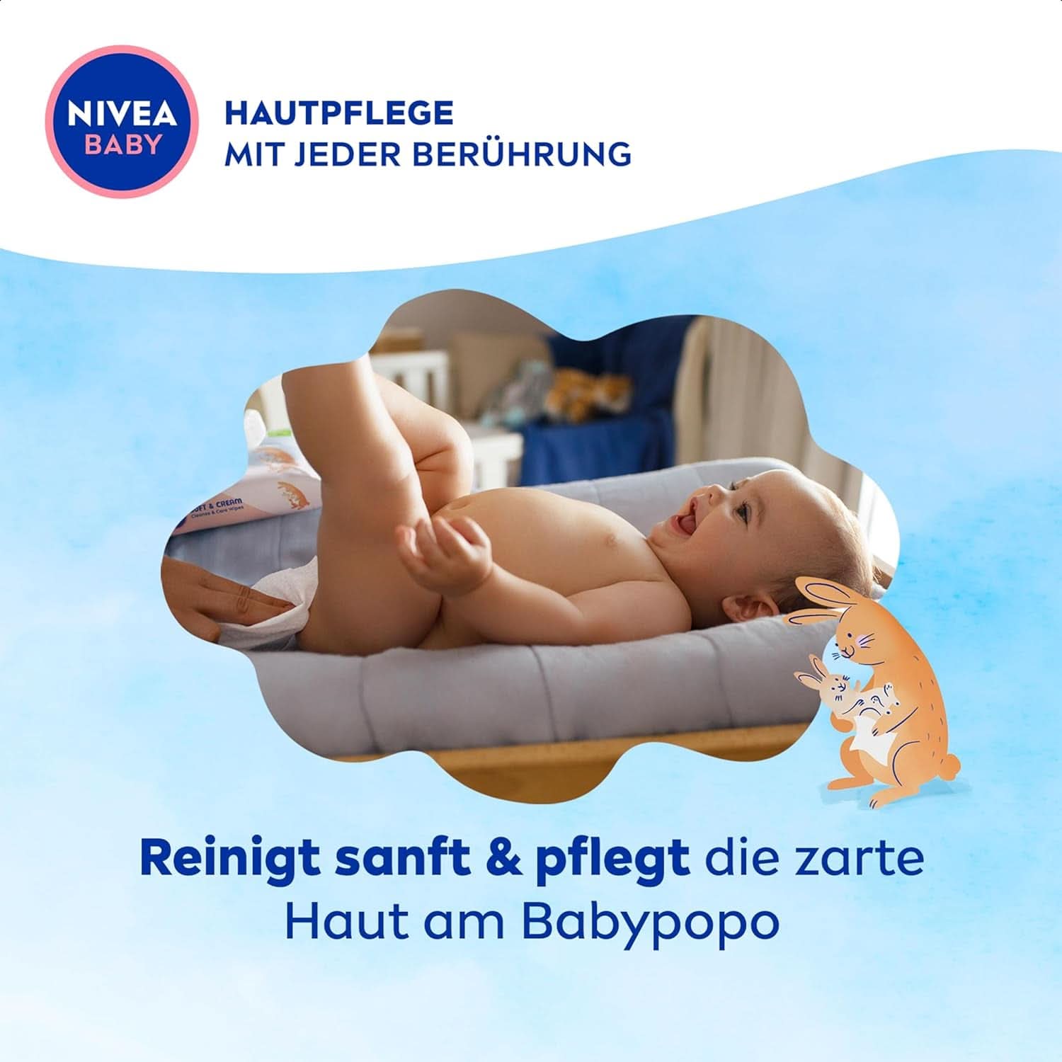 NIVEA Baby AQUA Feuchttücher, Babytücher zur sanften Reinigung empfindlicher Haut, hypoallergene und parfümfreie Feuchttücher für Babys mit 99 % Wasser (4 x 57 Stück) Baby-Feuchttücher Naty Shop