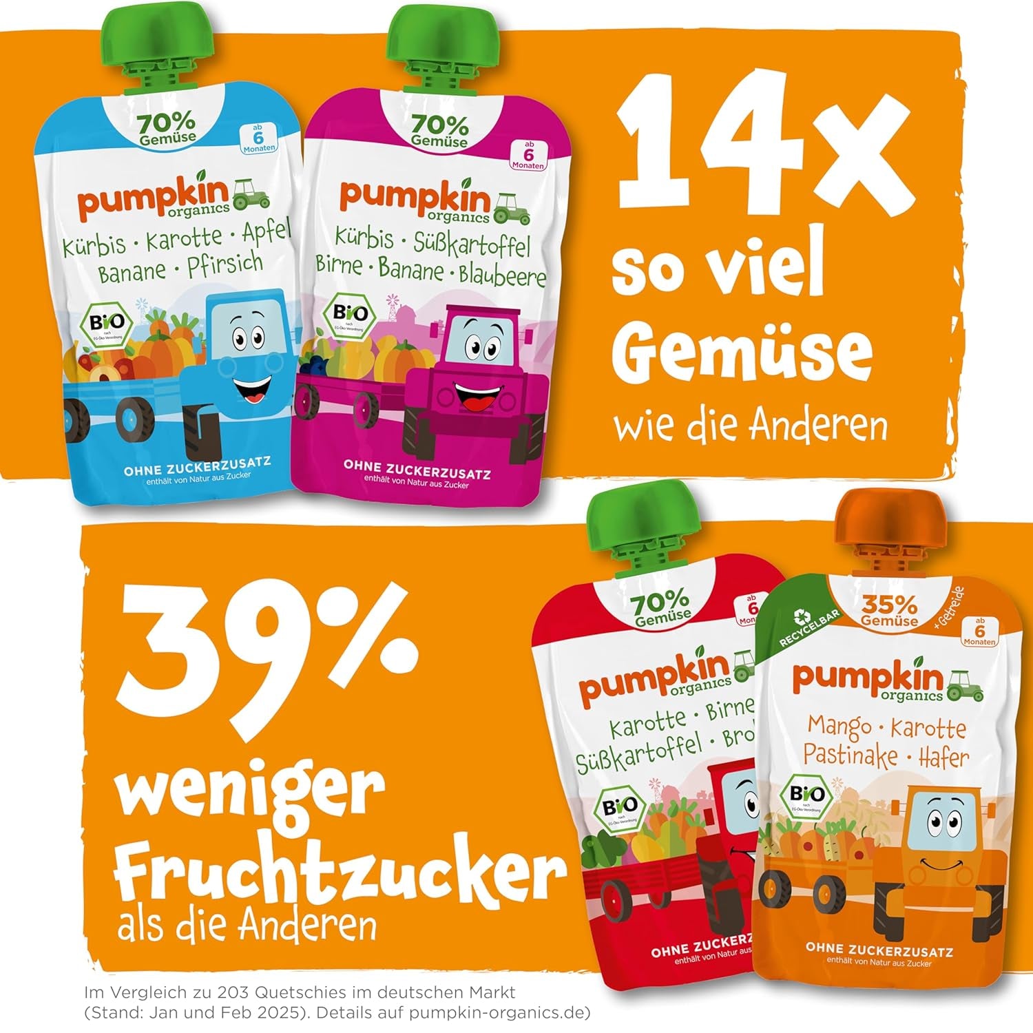 Pumpkin Organics Bio Gemüse-Getreide-Quetschie Kürbis, Birne, Apfel, Pflaume, Hafer ohne Zuckerzusatz¹ - ab 8 Monaten - als Snack oder Beikost für unterwegs (100g)