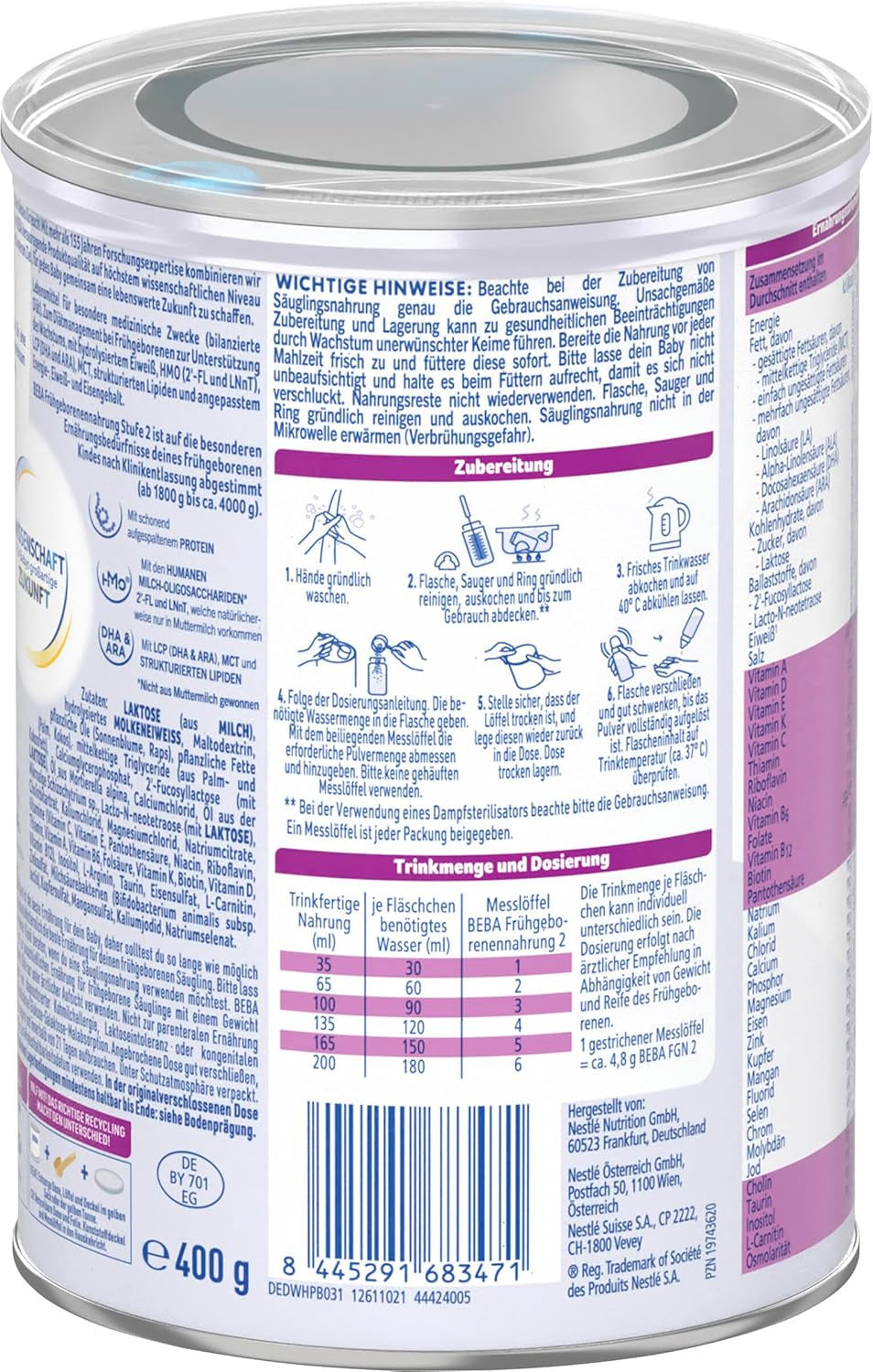 BEBA Frühgeborenennahrung Stufe 2 – Frühgeborene nach Krankenhausentlassung, Babynahrung, Babymilchpulver, 1 Packung (1 x 400 g)