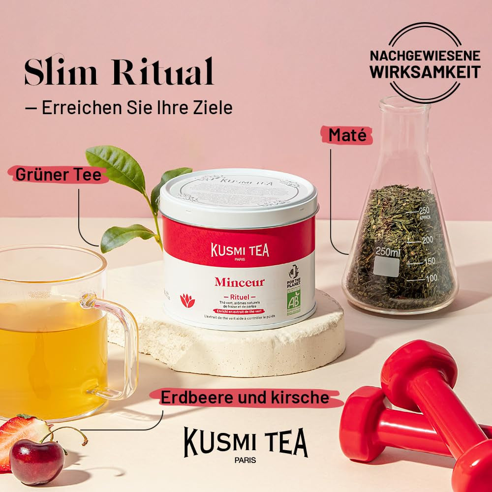 Kusmi Tea - Slim Ritual - Ceai pentru slăbit - Îmbogățit cu extract de ceai verde - Facilitează pierderea în greutate - Căpșuni și cireșe - Ceai vrac - Cutie metalică de 100 g pentru aproximativ 50 de cești