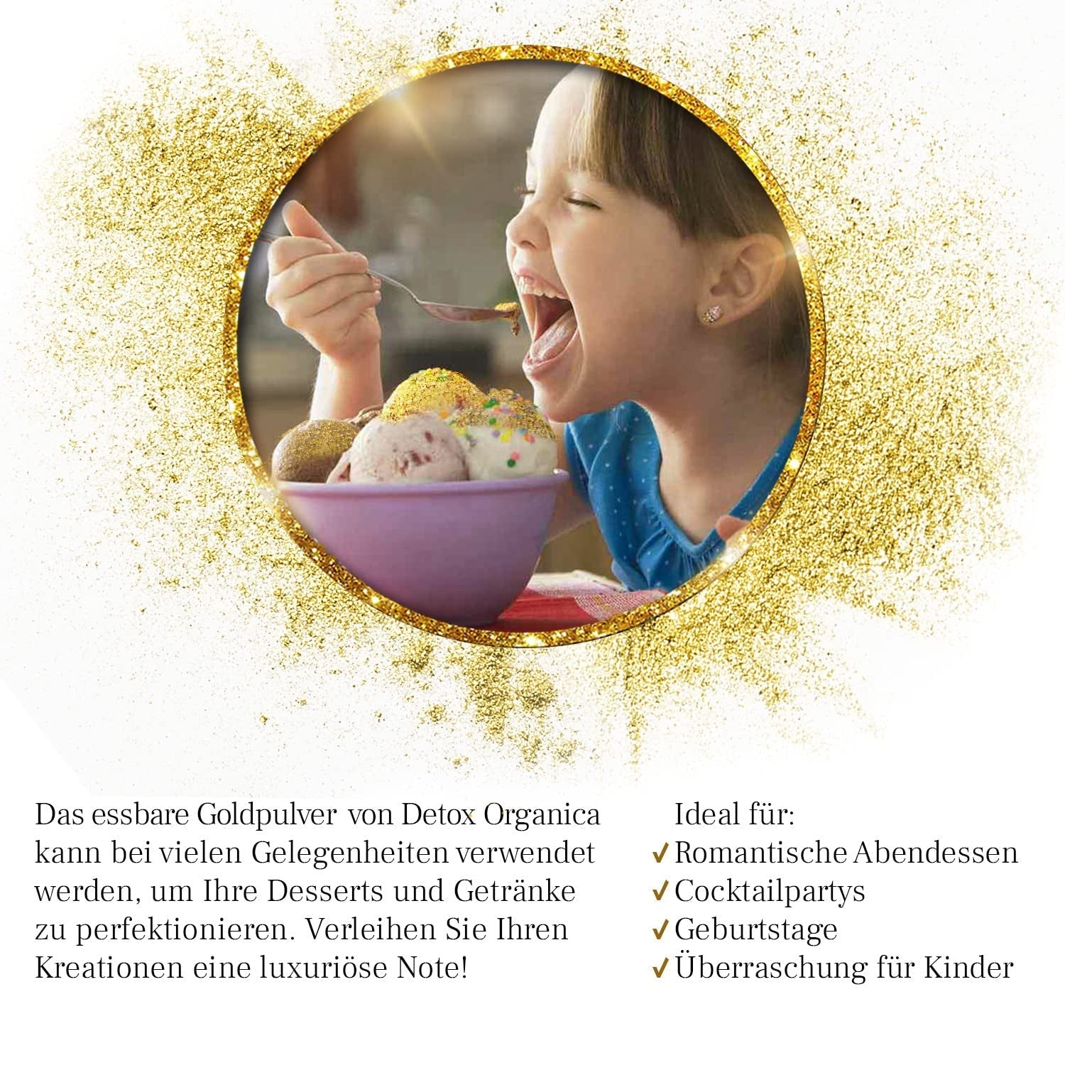 Pudră de aur comestibilă Detox Organica, 10g colorant alimentar auriu fără colorant E171, praf de aur pentru copt și decorare, ideal pentru prăjituri, brioșe, ciocolată și băuturi, sclipici comestibil