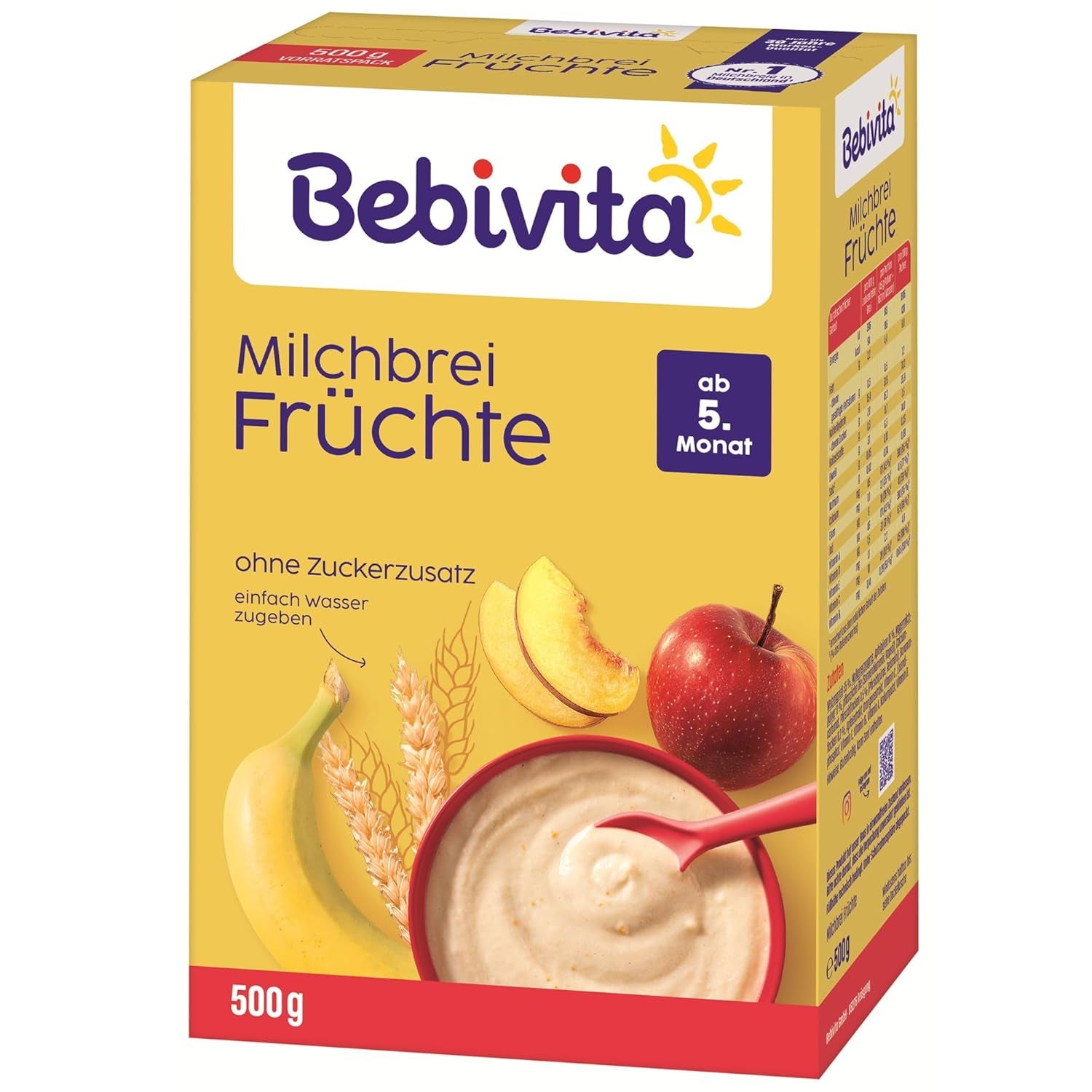 Milchbrei mit Früchten (4x500g), ab 5 Monaten, ohne Zuckerzusatz, mit wertvollen Mineralien und Vitaminen, sehr sättigend