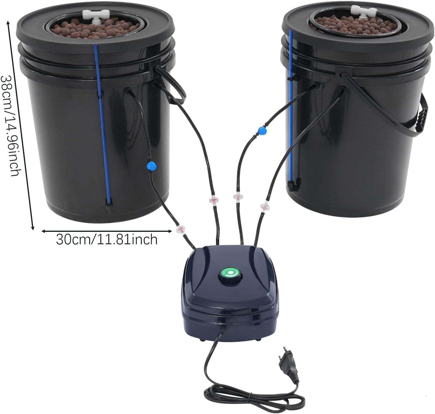 Komplettes DWC-Hydrokultursystem-Set mit 12-W-Luftpumpe, 2 Eimern (5 Gallonen), Hydrokultur-Anbausystem, 2 Beuteln Ceramsite, Topfbewässerungsset