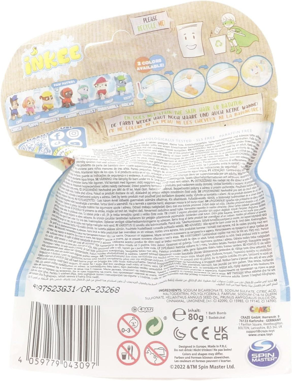 INKEE SURPRISE PAW PATROL, Bomba de baie pentru copii cu surpriză, aromă de gumă de cola, efect de spumă, 80 grame Duș și baie Naty Shop