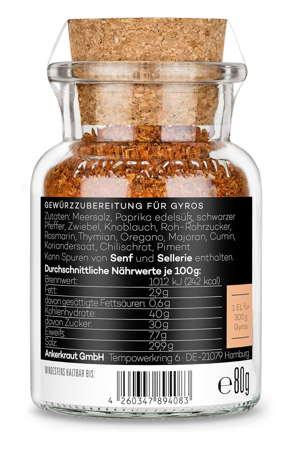 Ankerkraut Gyros, Gewürzmischung für Gyros, egal ob aus der Pfanne oder vom Grill, mit Zwiebel, Knoblauch, Majoran, Kreuzkümmel, Piment und mehr, 80 g im Korkenglas