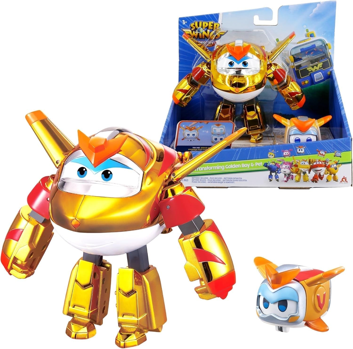Super Wings EU770447 – Transforming Tino & Pet, verwandelnde Spielzeugfigur ca. 14,5 cm und Haustier mit einer Höhe von ca. 14,5 cm. 4,3 cm, für Kinder ab 3 Jahren Actionfiguren Naty Shop Der Goldjunge