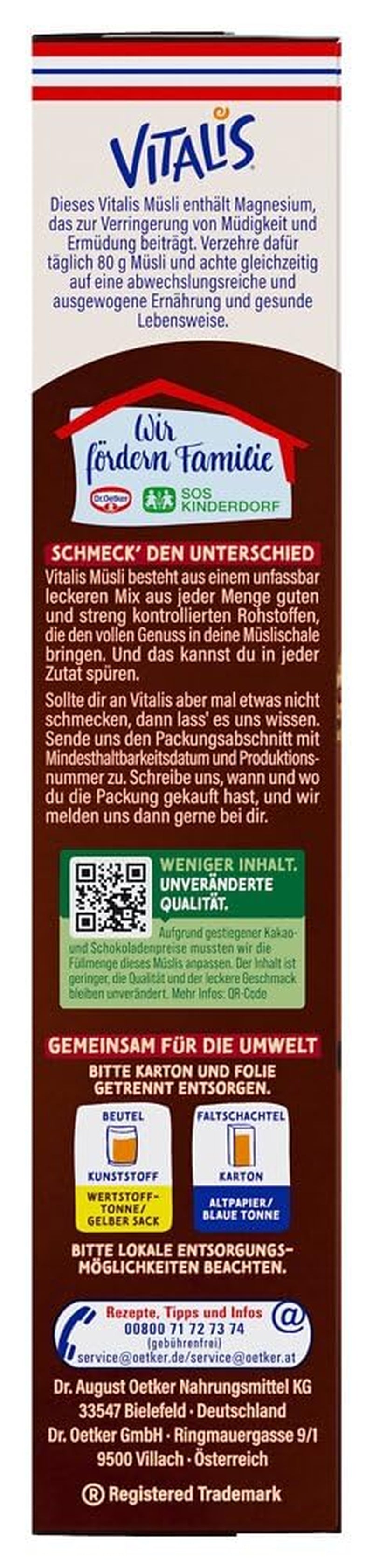 Dr. Oetker Vitalis KnusperPlus Double Chocolate: Knuspriges Müsli mit Vollmilch- und Zartbitterschokolade, 7er Pack (7 x 450g)
