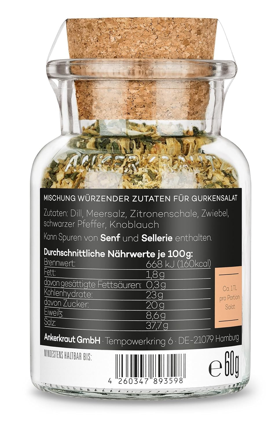 Ankerkraut Gurkensalat, 60 g im Korkglas, Würze Gherken-Salat Ganz Einfach, Zuckerfrei und Ohne Gesmackverstärker, Mischung würzender Zutat für Salat