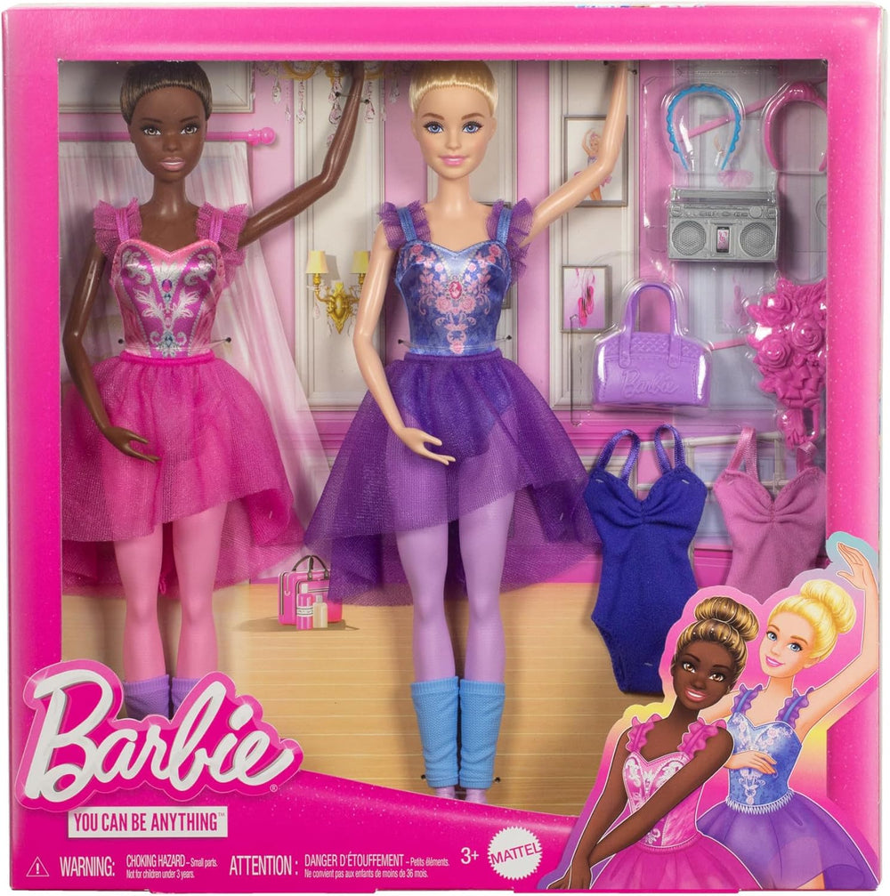 Barbie Ballettstudio Set mit 2 Puppen und 9 Zubehörteilen, blonde und brünette Ballerina-Modepuppen mit zusätzlichem Outfit und zum Tanzmotto passenden Teilen, HXC37, [Mehrfarbig]