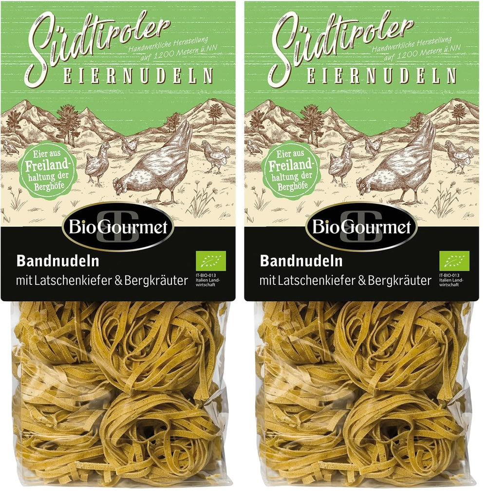 BioGourmet Bandnudeln mit Schüttelbrot aus Südtirol (g.g.A.) | Gesalzene und aromatisierte Eiernudeln mit echtem Südtiroler Speck | 1 x 250g Bio