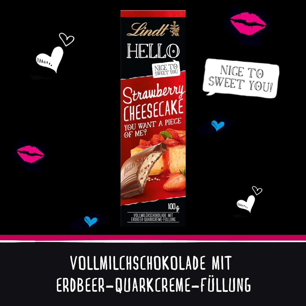 Lindt HELLO Erdbeer-Schokoladen-Käsekuchen | Riegel 100g | Milchschokolade mit Erdbeer-Quark-Creme-Füllung | Schokoriegel | Schokoladengeschenk