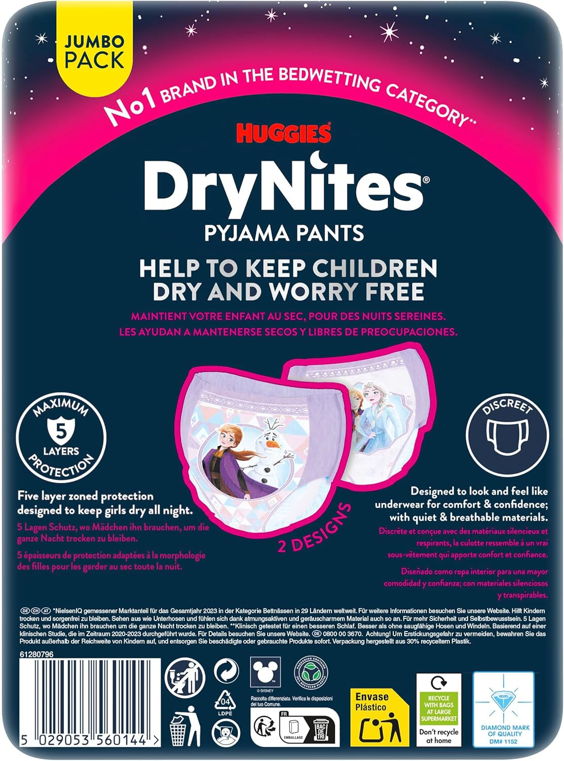 Huggies DryNites Super saugfähige Nachtwindeln für Mädchen von 3–4 Jahren (12–21 kg), 4 x 16 Stück (insgesamt 64 Stück), monatliche Höschenpackung
