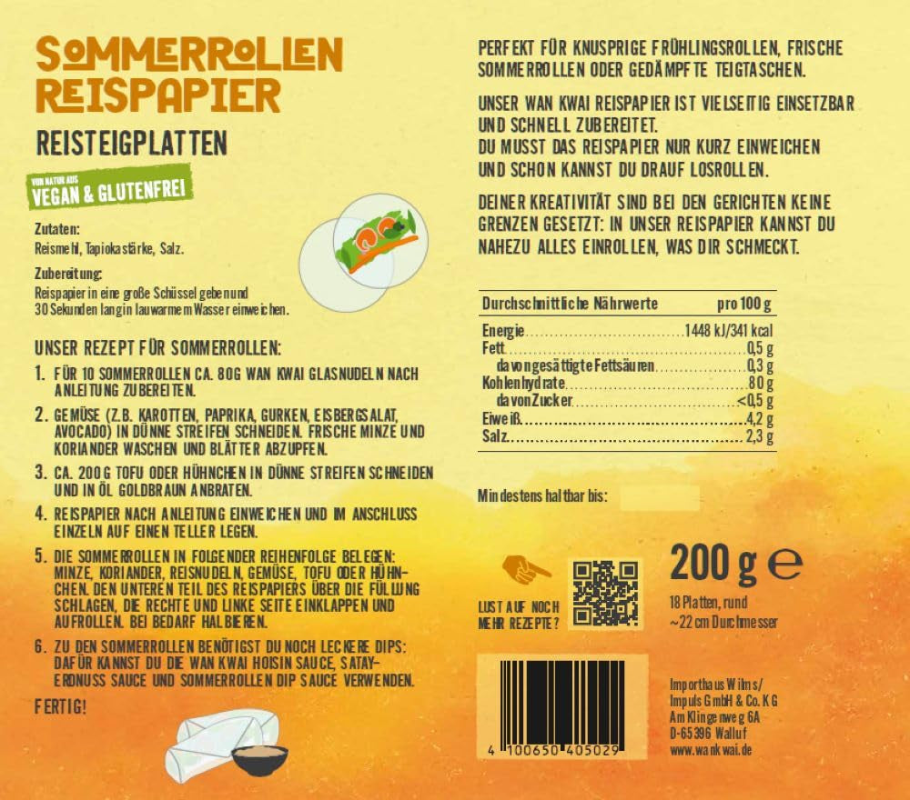 Wan Kwai Sommerrollen-Reispapier 200 g – Erfordert leichtes Einweichen, perfekt für knusprige Frühlingsrollen, frische Sommerrollen oder gedämpfte Knödel