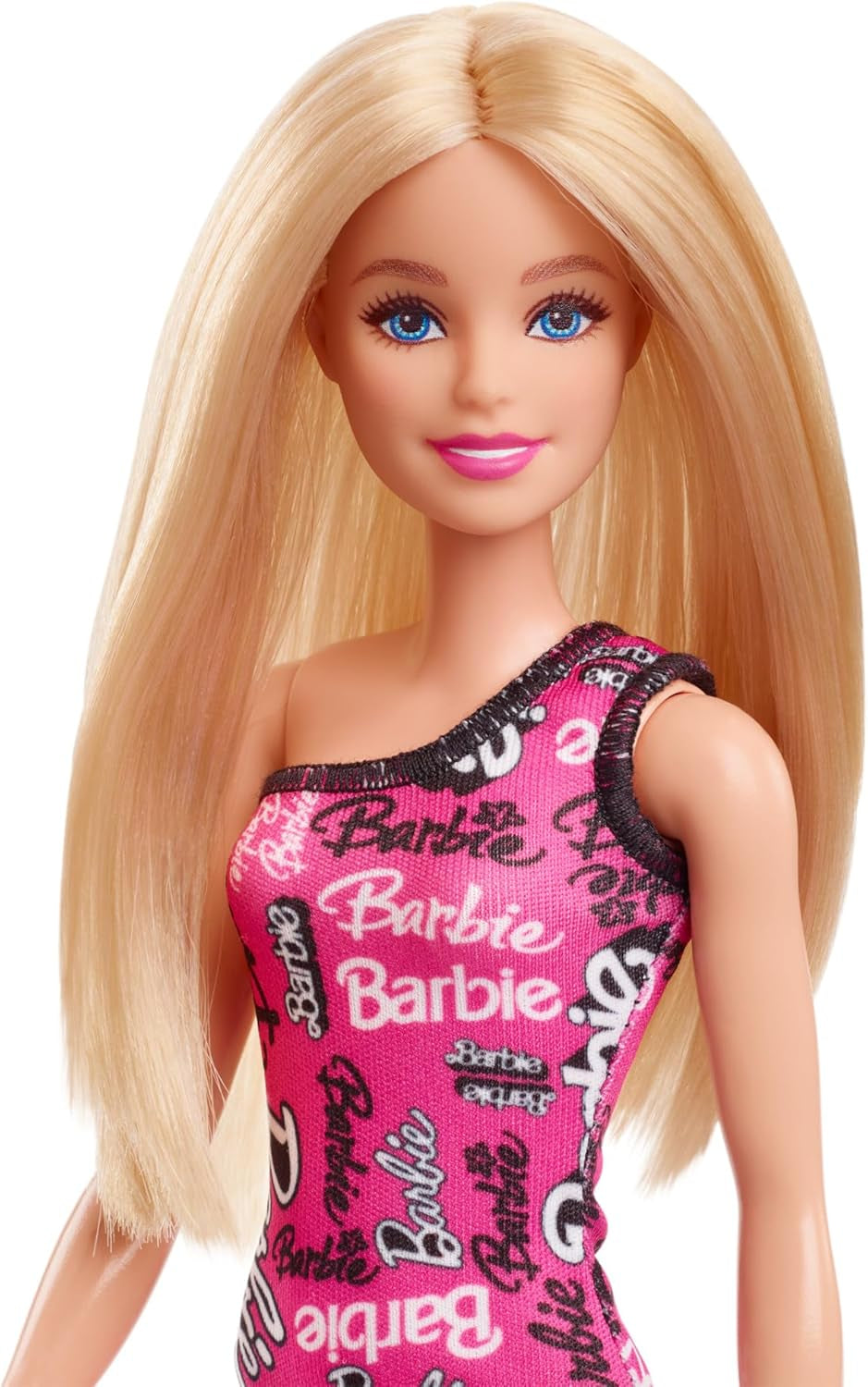 Barbie-Modepuppe mit glatten, blonden Haaren in einem ausziehbaren pinken One-Shoulder-Kleid und Schuhen mit Logo-Aufdruck, HRH07