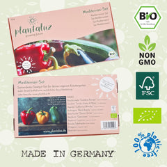 Plantaluz Premium Bio-Samen-Set P04 – Mediterranes Gemüse- und Kräuter-Samen-Set mit 10 Sorten für Garten, Balkon und Hochbeet – inklusive FSC-Pflanzstäbchen – frei bestäubte und gentechnikfreie Bio-Samen