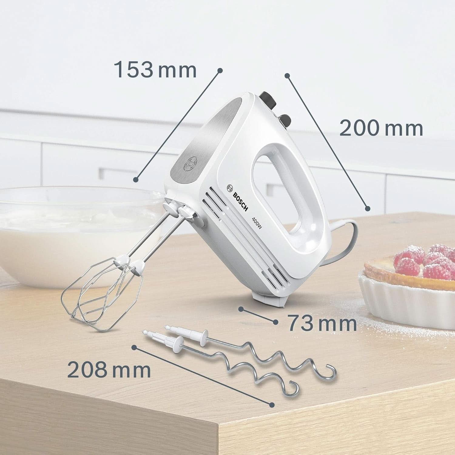 Bosch Hausgeräte Handrührer Clevermixx MFQ24200, 2 Rührbesen, 2 Spülmaschinengeeignet, 4 Stufen, Leicht, Leise, 400 W Weiß/Edelstahl Kitchen Naty Shop